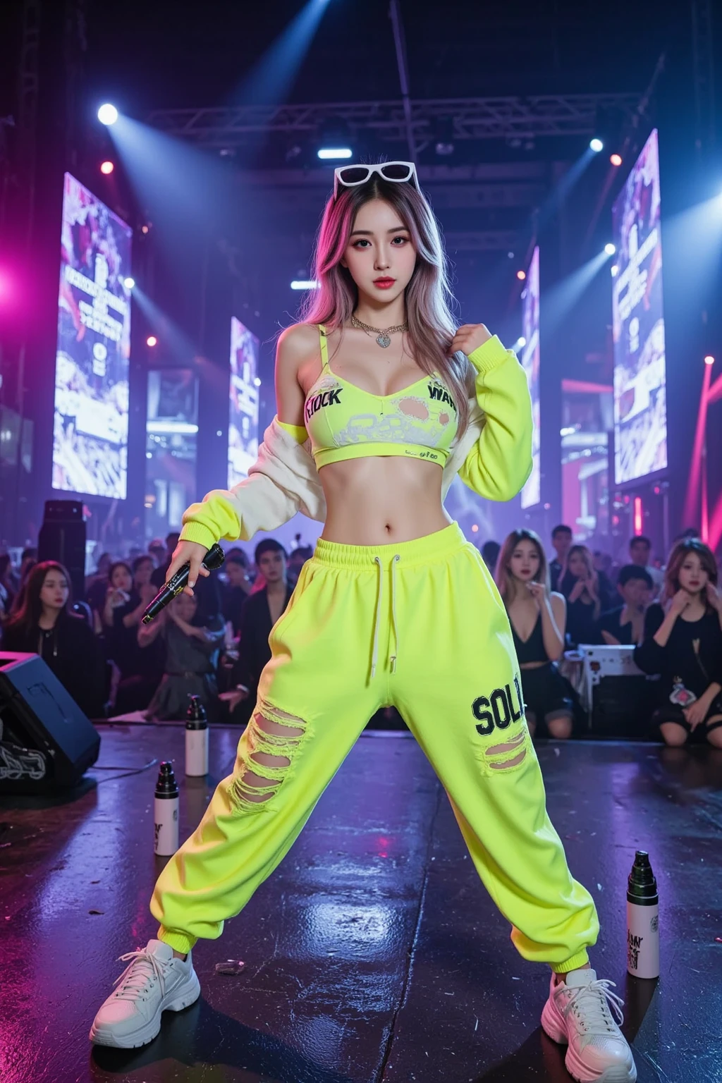 araffe girl in neon green pants and black top performing on stage, bbwchan, aesthetic!!!!!! female genie, her belly button is exposed, jossi of blackpink, korean idol, music video, tzuyu from twice, roseanne park of blackpink, bae suzy, bare midriff, tight attire, lalisa manoban of blackpink