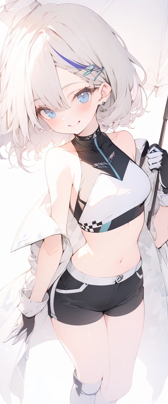 beautiful, masterpiece, Highest quality, anime, One girl, C Cup,Portrait Shot, View your viewers, Covered、Short Hair、nearby、Blue Eyes、art、、White hair,Blue streaked hair、wallpaper、hairpin、Cute smile、Thighs、navel、Black and White_Open race queen、Blue-black_Gloves、Blue-black_Knee-high boots、、Cute、Blue-black_Short skirt、circuit、blue sky、Blue-black_mini skirt、Blue-black_Very short belted skirt