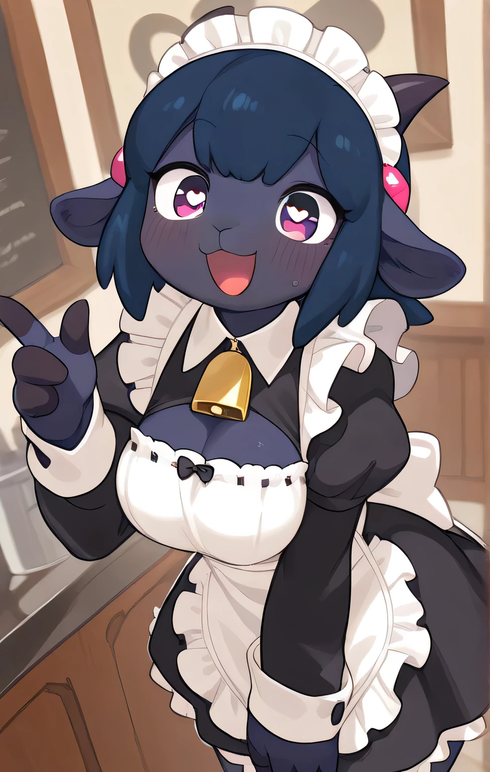 JiangshiT, yellow eyes, tongue out, colored skin, zombie pose, black sclera, ofuda, long fingernails, VivyA, 1girl, best quality,best resolution,(fluffy anthro furry :1.6),(young :1.6),cat girl,small breasts,light hair,long hair,wavy hair,curvy hair,light pink fur,pink eyes,glistering eyes,sparkle eyes,circle glasses,heart collar,maid outfit,maid headdress,maid gloves,ruffles,beautiful cafe,white light,looking at viewer,full face blush,horny face,smile,heart eyes,heart expression eyes,open mouth,straddle viewer,girl on top,low angle,front view,heavy breath,hands on viewer