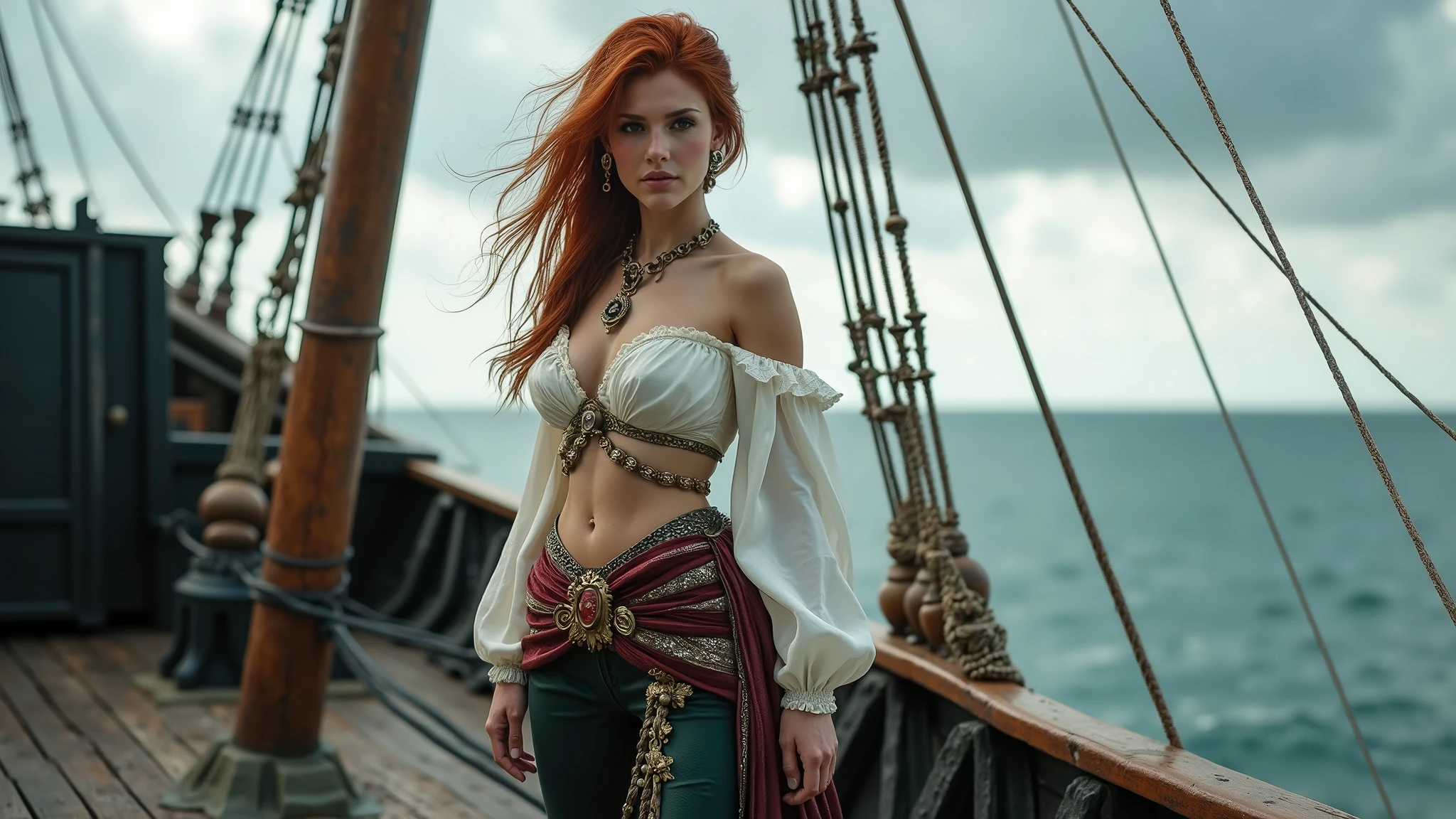 High quality, high definition photo of a very beautiful slender young sexy woman with red hair and a pirate costume standing in front of a boat, as a medieval fantasy character, jewellers, karol bak uhd, still from a fantasy movie, pirate woman, fantasy style 16 k octane render, portrait of mermaid warrior, from witcher (2021), pirate queen, cinematic goddess shot, fantasy character photo