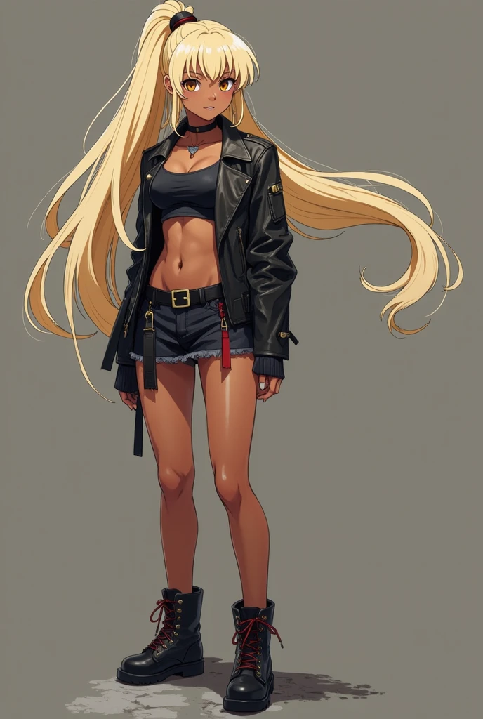 Kagome Higurashi, the protagonist of Inuyasha, blonde and dark-skinned with a black leather jacket and skirt, knee-length hair tied in a high ponytail, split bangs on each side of the face are so long that they reach their ribs