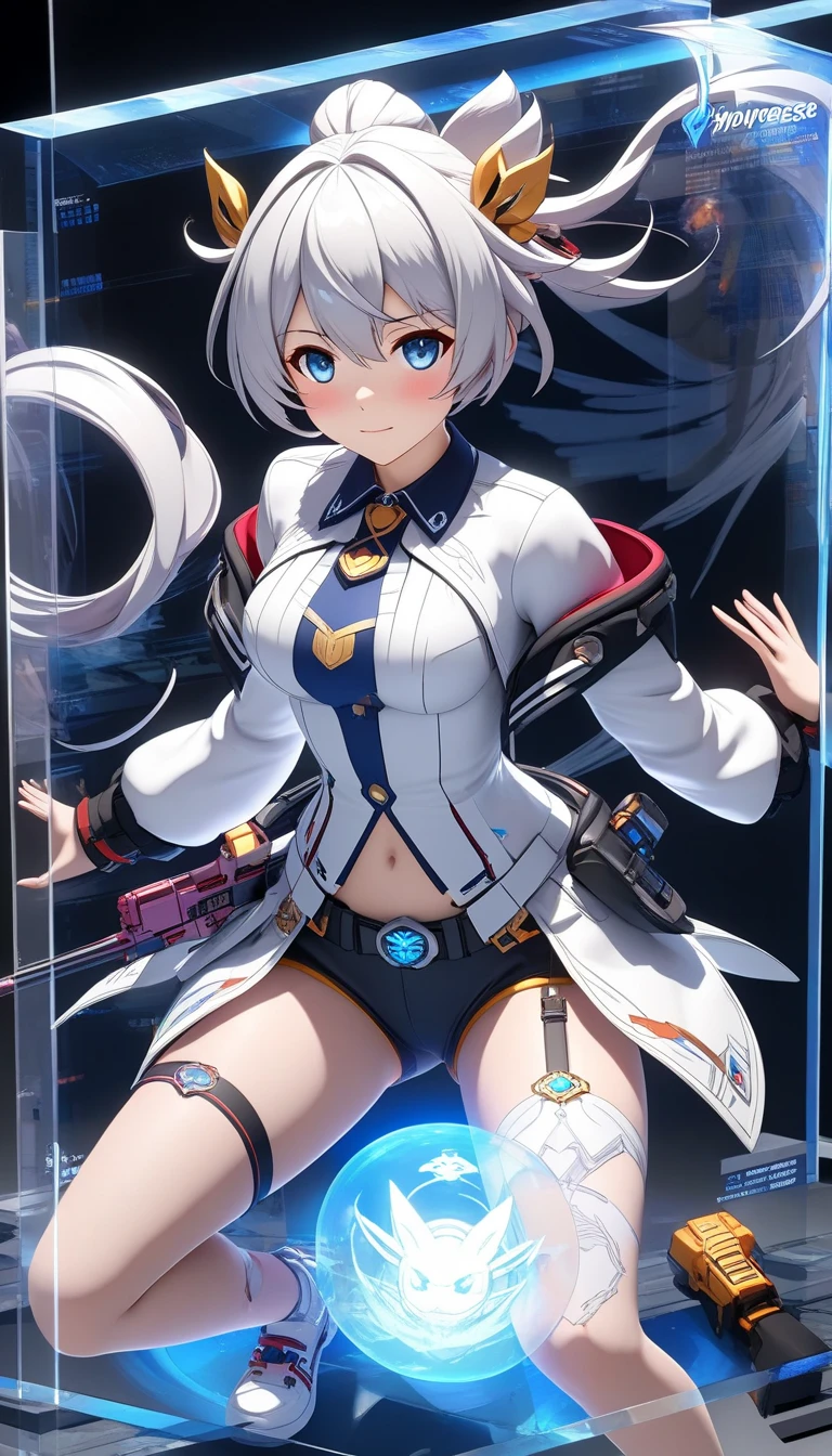 A fine illustration of a mecha girl, 1girl, solo, smile, mechanical arms, bare shoulders, mechanical collar, mechanical parts, mechanical legs, thigh boots, halo, mecha musume, white hair, very long hair, bodysuit, breasts, medium_breasts, armpits, thighs, mechanical parts, wings, mechanical wings, hair ornament, weapon, holding weapon, holding rifle, beam rifle, star, moon, space, stars + post processing prompts.