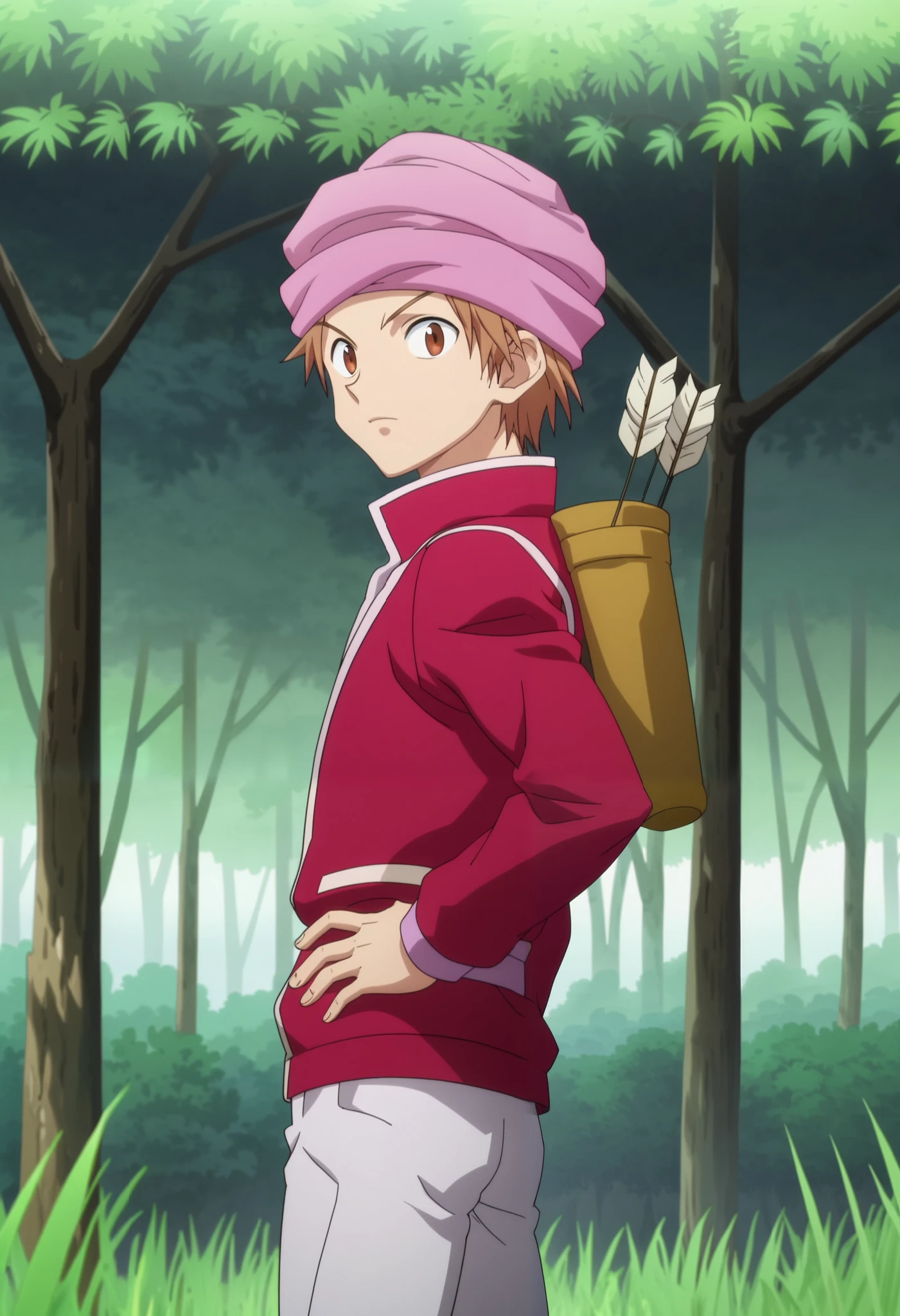 score_9, score_8_up, score_7_up, source_anime, rating_safe, intricate details, anime screencap, anime coloring, official style, looking at viewer, 1boy, solo, male focus, pokkle_hxh, brown hair, brown eyes, short hair, hat, arrow \(projectile\), from side, concert, outdoors, forest, trees, grasses, rocks, dark atmosphere, dark exterior, hand on hip, relaxed, jacket, full body shot,