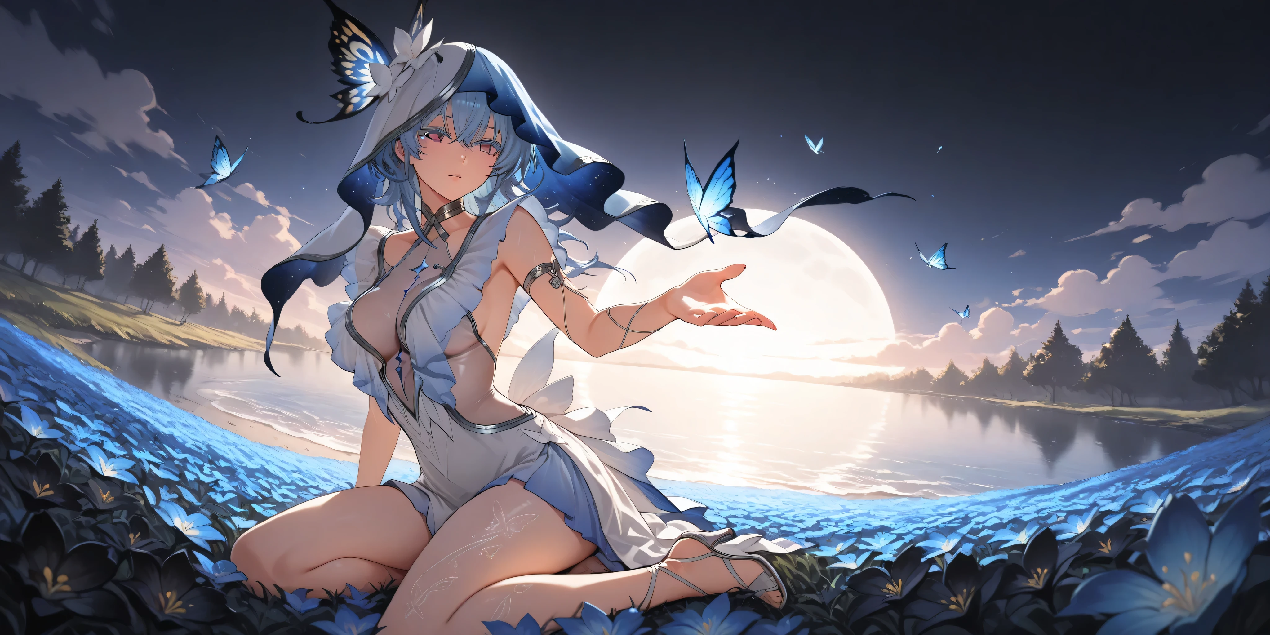 masterpiece, best quality, beeautiful violet eyes, medieval lake background with a touch of romantic blue flowers, silver moon, blue neon butterfly, anime, 2d, 1girl, purple eyes, colored eyelashes, blue hair, hair intakes, medium hair, two-tone veil, blue butterfly on veil, silver choker, frills, bg breasts, sexy body, night light, realistic night, score_9, score_8_up, score_7_up, sleveless dress cutout, halterneck, transparent leotard under dress, blue crest between breasts, armlet, high-low skirt, back bow, patterned leg, strappy heels , see-through, outdoors, establish, abstract, spotlight, dramatic, absurdres, incredibly absurdres, shore , glow black flower field, night, outstretched hand , from top, pov