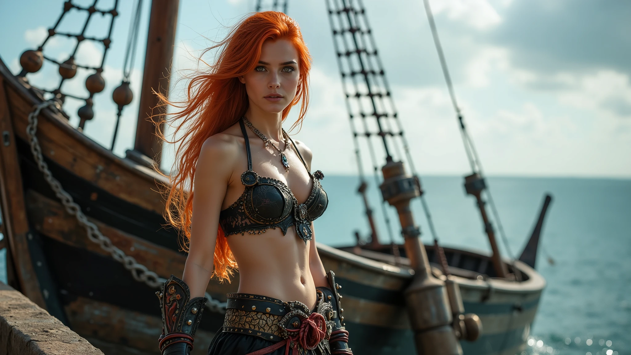 High quality, high definition photo of a very beautiful slender young sexy woman with red hair and a pirate costume standing in front of a boat, as a medieval fantasy character, jewellers, short skirt, karol bak uhd, still from a fantasy movie, pirate woman, fantasy style 16 k octane render, portrait of mermaid warrior, from witcher (2021), pirate queen, cinematic goddess shot, fantasy character photo
