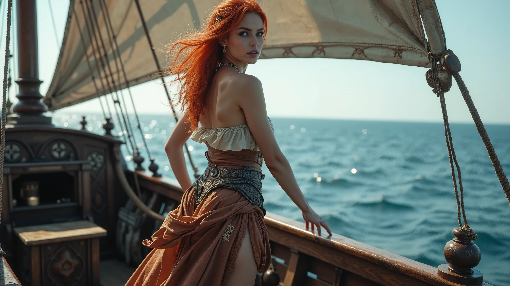 High quality, high definition photo of a very beautiful slender young sexy woman with red hair and a pirate costume standing in front of a boat, as a medieval fantasy character, jewellers, full height, short skirt, karol bak uhd, still from a fantasy movie, pirate woman, fantasy style 16 k octane render, portrait of mermaid warrior, from witcher (2021), pirate queen, cinematic goddess shot, fantasy character photo
