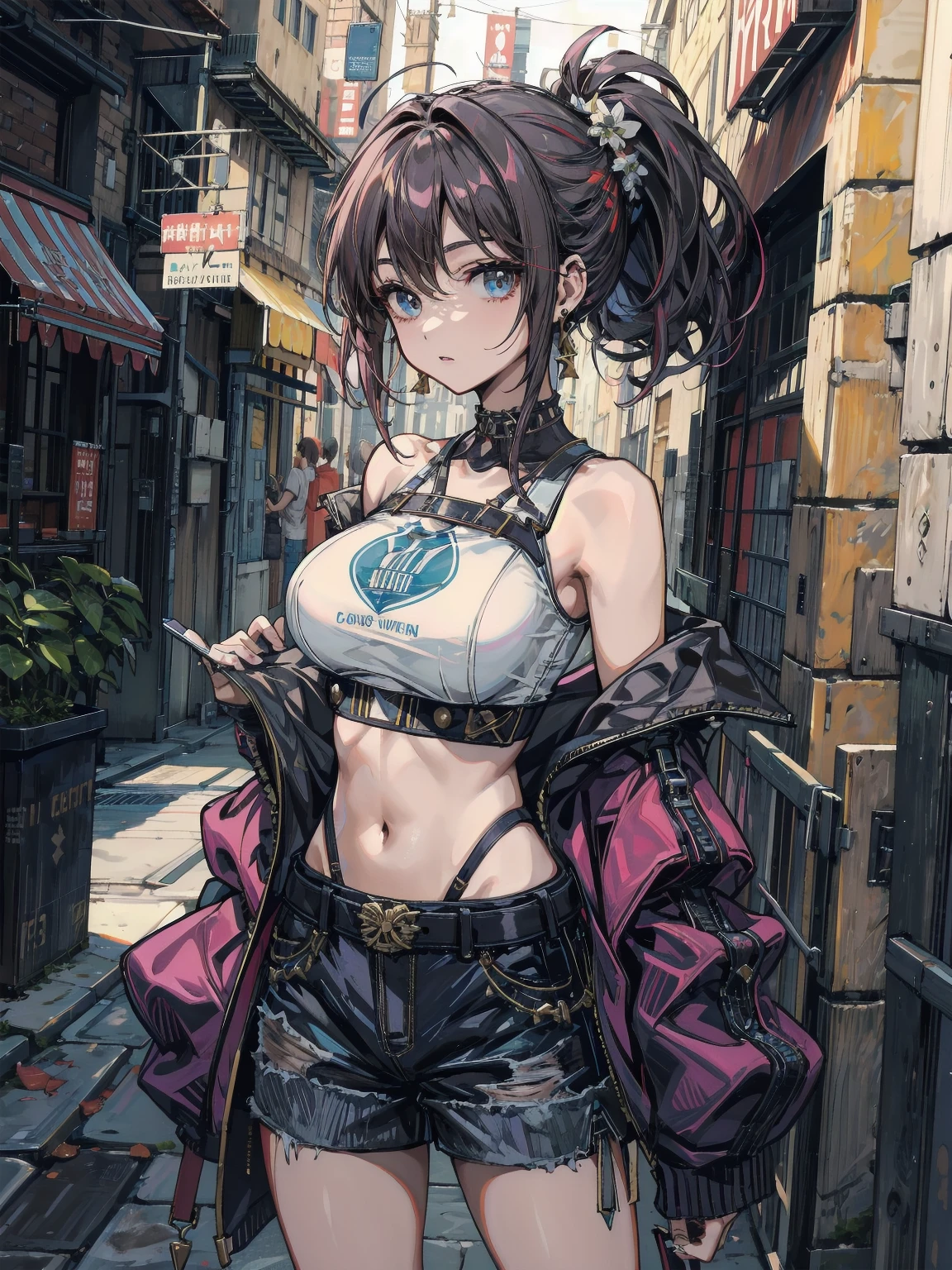 beautiful, (masterpiece:1.2), (best quality:1.2), perfect lighting, perfect eyes, perfect face, 1girl, bikini, bikini under clothes, black bikini, black choker, black gloves, black hair, black lips, black nails, black skirt, breasts, choker, cleavage, cropped jacket, cross, earrings, eyeliner, eyeshadow, fingerless gloves, gloves, hand on hip, highleg, highleg bikini, huge breasts, jacket, jewelry, lips, lipstick, long hair, makeup, microskirt, miniskirt, navel, open clothes, open jacket, red eyes, skirt, sleeves pushed up, solo, standing, striped, striped bikini, striped thighhighs, swimsuit, thighhighs, thighs, underboob