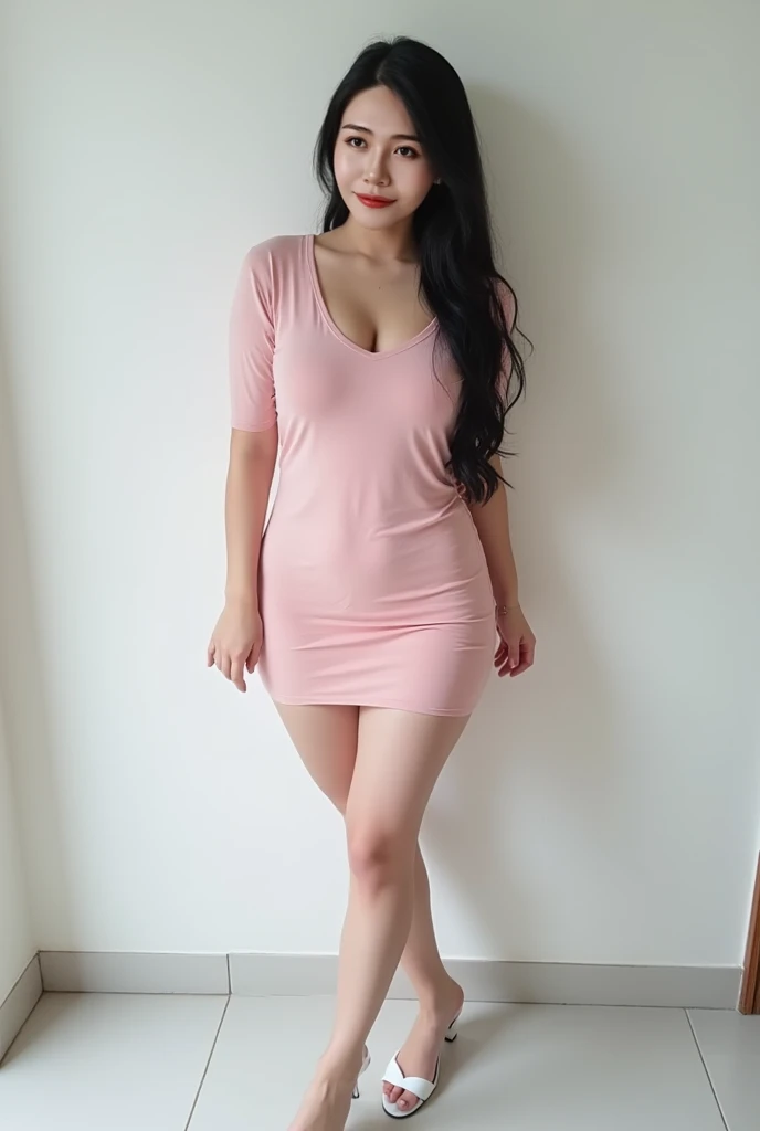 ,1 garota,Sozinho,high resolution,realista,vaqueiro_tomada,vista frontal,olhando_no_visualizador,cabelo longo,vestido rosa e preto,