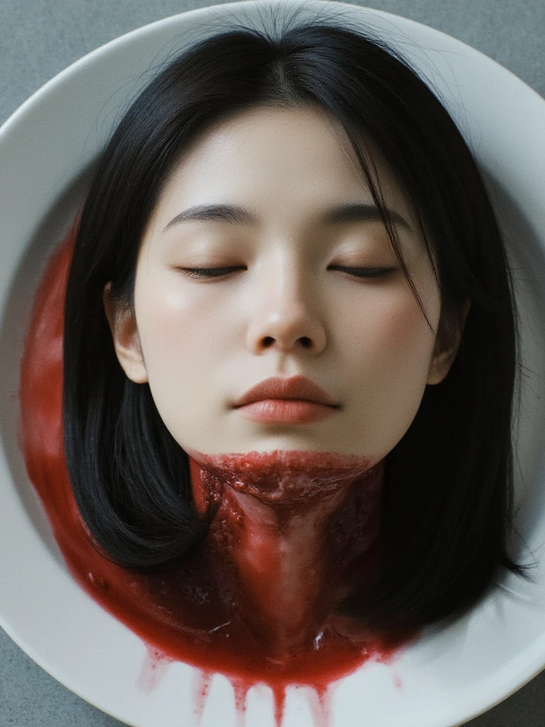   place the head of a decapitated woman , Asia,  Less blood stains   , ((  with eyes closed )),   like a dish on a plate  , Bloody,  actual , 4K, Nikon, fear