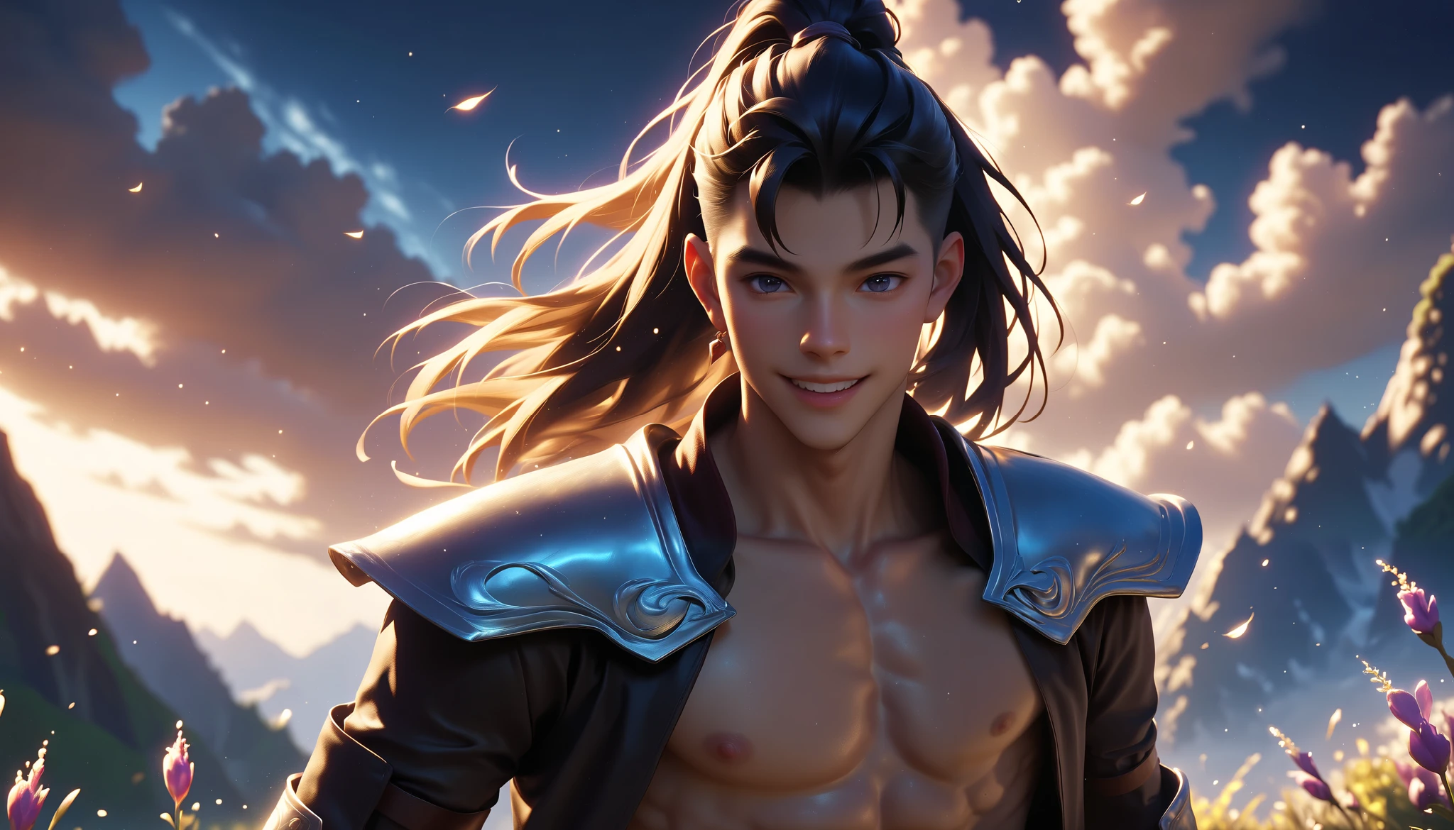 a skinny boy, younger than aged 20 old, with splendid long blond hair, he is tanned, with a sweet facial expression, he is in an enchanted forest dressed like a fantasy archer warrior with an happy white bunny near him, he is naked, hairless body, slim abs, he is showing his slim body, he is wearing a light archer armour with a bow in his hand, while he see a golden sunset over the stunning mountains covered by dark clouds with fantasy bufferflies around