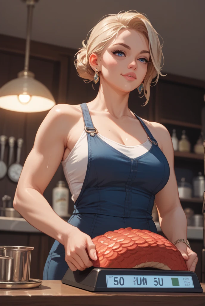 ((old woman)), ((70 years old)), Masterpiece, ((330 lb)), the beauty of a goddess, enhancer image, ultra-detailed face, ((8 0 s art style)), ((front view)), provocative pose, blonde, ((braid)), ((elegant 80s style volumous hair)), vintagepr0n, ((fringe)), caucasian, blue eyes, ((sex seductive look)), ((waitress blue outfit)), (waitress hat), ((white apron)), ((glossy skin)), ((oiled skin)), ((smiling)), MASSIVE MUSCLES, RIPPED, sweating, stunning, smooth, ((eyeliner)), simetric, ((wide hips)), ((hourglass waist)), perfect proportions, red lips, ((massive cleavage)), ultra realistic, thick, cinematic light, ((diner background))
