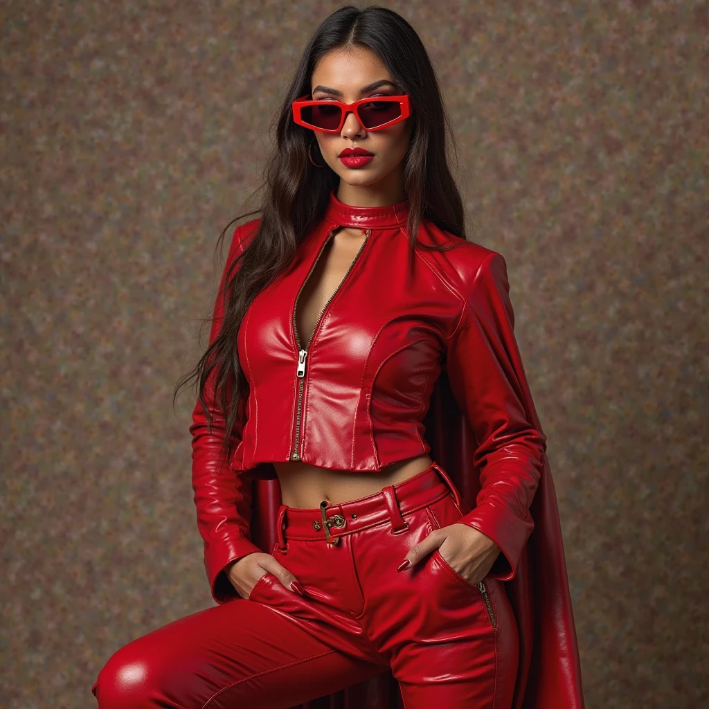 (best quality, highres), portrait of Misato Katsuragi, Dark Purple Long Hair, Mixed Beautiful Pretty 28 years old babe, big beautiful detailed eyes, intense gaze from sunglasses (from above:1.5), (full shot:1.5), beautiful lips, Broght Red Leather Jacket, Black Leather Skirts, combine realism and beautiful anime influenced, confident looks, tomboy, sunglasses