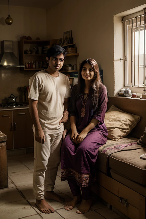 A new baby girl born now on bed and father mother and big brother 4vear and big sister 10 year old standing and welcoming her mother with good height and wearing shirt and salwar and father wearing specs and have long hairs upto ears on both sides in shirt and formal pant 