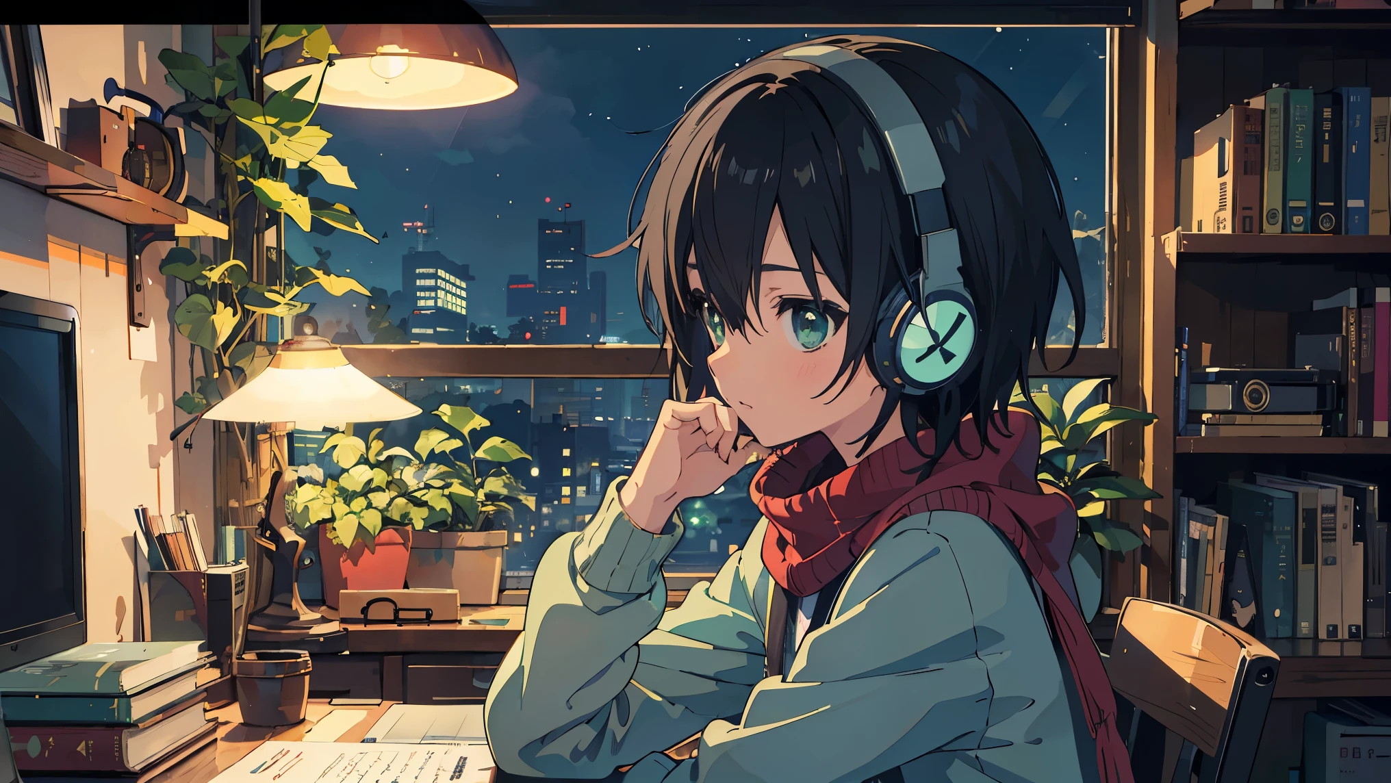 ((best quality)), ((masterpiece)), ((super high resolution)), ((super detailed)), (anime girl sitting at desk using laptop and headphones), (Light green sweater), (black shorts), (Red scarf with black stripes), ( black hair), (look away:1.4), Pretty Eyes, potted plants, books, bookshelf, books, bookshelf, night , digital anime illustration, Keyframe Illustration, Gweiz-style Artwork , Makoto Shinkai' art style , lofi , Digital Anime Art, Makoto Shinkai style, Lofi Girl , ( sitting at desk and hitting keyboard ), anime style illustration, {{lofi art style}}, anime illustration