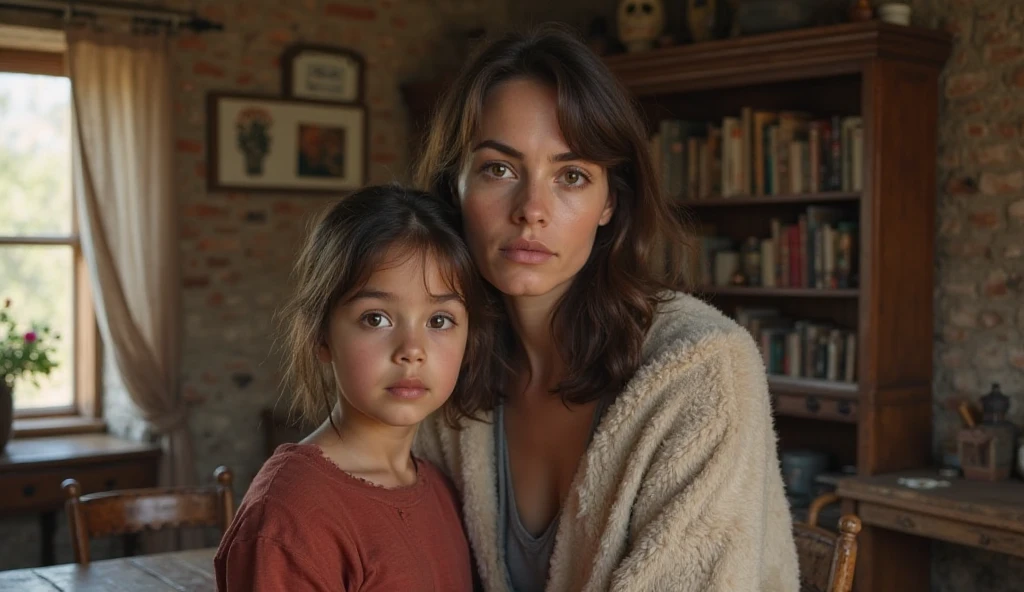 Real professional photography of two people as the main subjects of the photo, an adult woman and her 8-year-old daughter. They have vibrant blue eyes and long black hair, but it's a bit messy. Both should have beautiful, well-defined but slightly dirty faces and should be looking directly at the camera with serious, introspective expressions, conveying a sense of sadness and vulnerability. They are sitting together at a table in a restaurant, with the mother having a protective arm around her daughter's shoulders. They are wearing simple, worn-out clothes in dark, neutral tones. The background is blurred, showing what appears to be the interior of a restaurant at dusk and points of light in a bokeh effect. There is still natural light outside contrasting with the artificial light inside. The photograph should capture extreme detail, with a high-quality rendering in 8k, with professional photographic quality and attention to detail that conveys the realism of a restaurant.