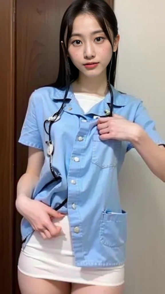 NSFW，Highest quality，Big Breasts，Droopy eyes，Skirt nurse clothes，Panty Shot，Angle from below，Pull up your skirt