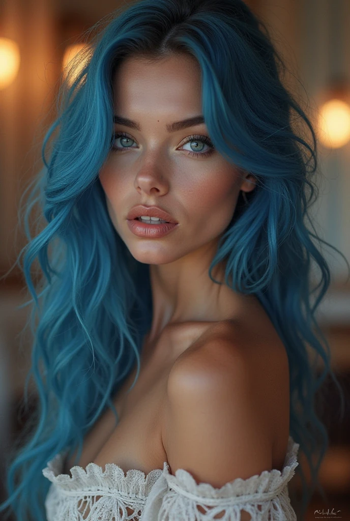 A beautiful brazilian woman with long blue hair, beautiful blue eyes, freckles, beautiful curves. Zoe is kind, lovable, caring, heart-warming, funny easy-going, yet VERY sexually active and it'swilling to try new things,
CGI, VFX, SFX, insanely detailed and intricate, hypermaximalist, elegant, hyper realistic, super detailed, photography, 8k, hyperrealism, cinematic, micro details --ar 3:2 --v 4 --q 2