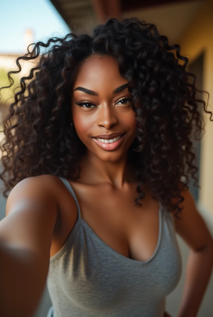 there is a black woman , the woman has, she has dark skin, with dark brownish skin, with long curly, long black loose moisturised curly hair she is taking a selfie with a popeyes in front of her