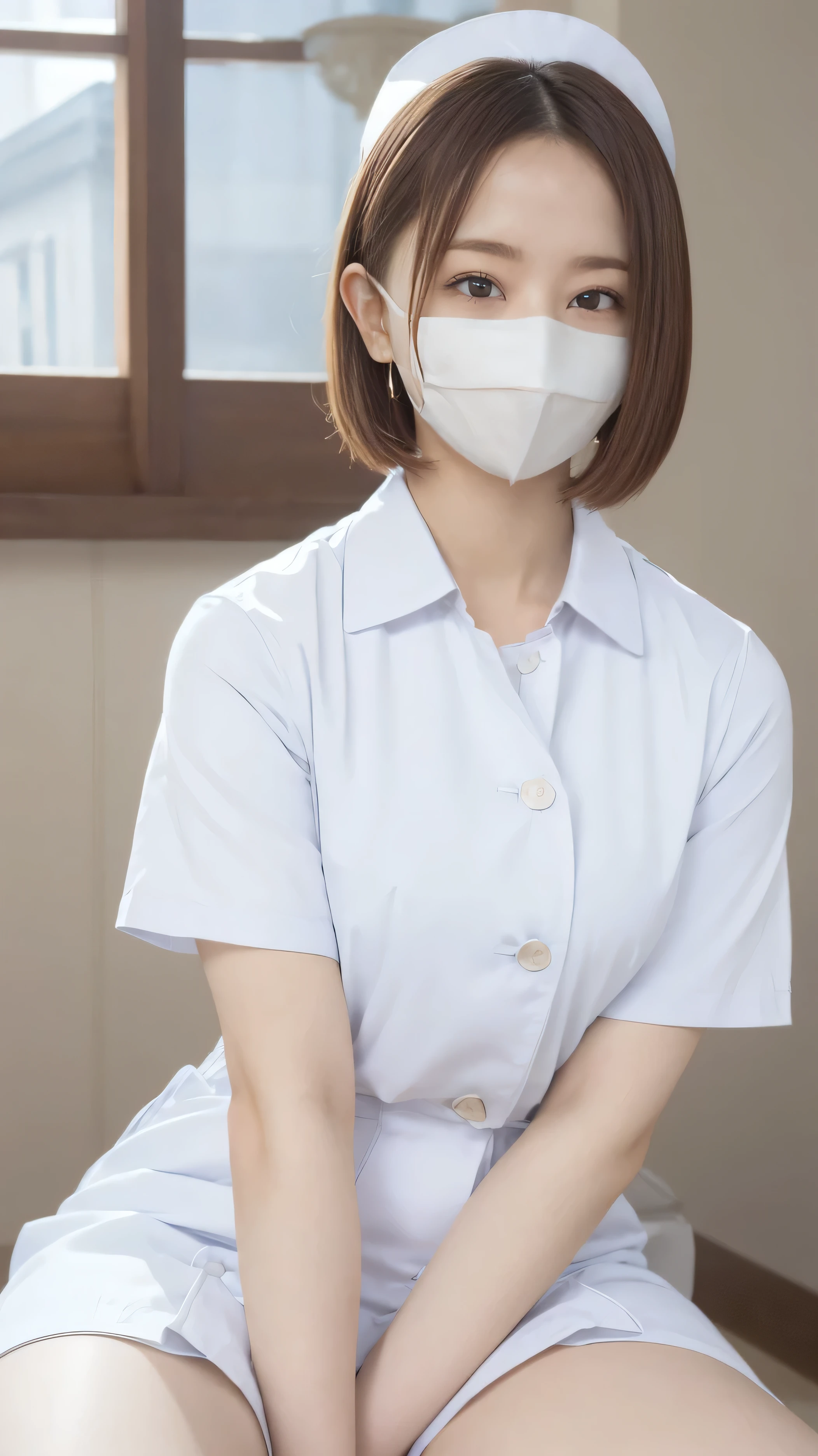 is sitting,Bright indoors、1 japanese girl, big smile ,(Wearing white Nurse clothes:1.2),(RAW photo, Highest quality), (realistic, photo-realistic:1.4), masterpiece, very delicate and beautiful, very well detailed, 2k wallpaper, wonderful, finely, very well detailed CG unity 8k wallpaper, very well detailed, High Resolution, Soft light, beautiful detailed girl wearing a blue trench coat , very well detailed eyes and face, beautifully detailed nose, finely beautiful eyes, Nurse, perfect anatomy, black hair, upstyle, Nurse uniform, ((mask)), miniskirt, Nurse, pink clothes, thin, clear , white uniform, Neck auscultation,bob cut、Front 、 cross your legs