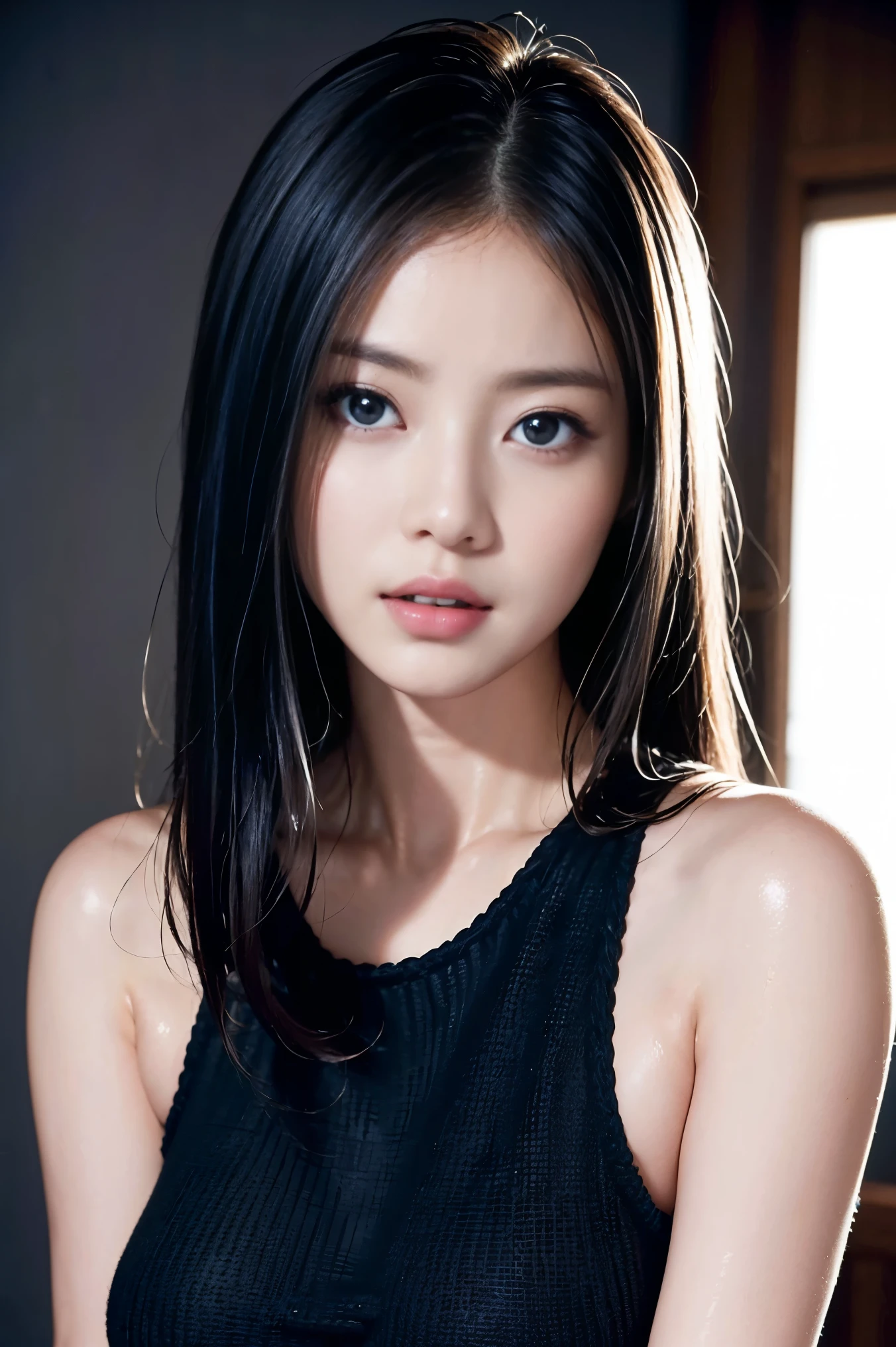 32k Sexy Female Model , Big Breasts, blue eyes, black hair straight, High Resolution , upper body, Background, Studio Lighting , knitted sweater