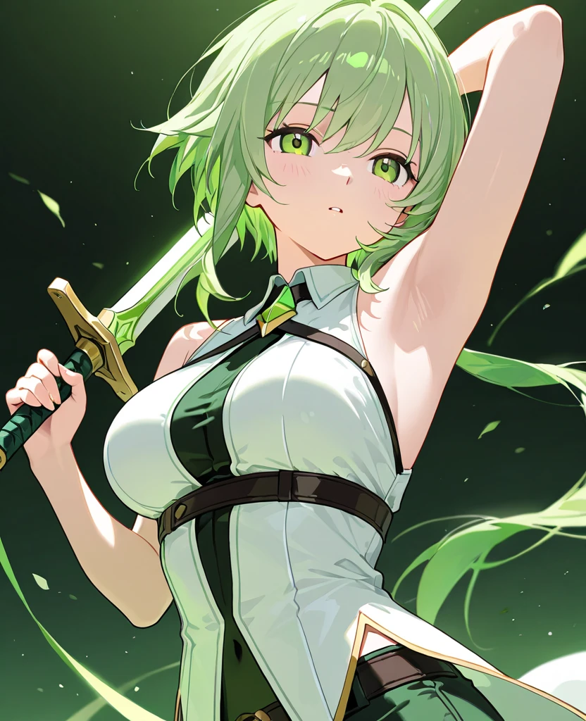 random angle portrait, brush drawing image, beautiful Thai female teen, aged 20, dynamic fighting action pose with green advanced sub shooter, medium-long straight light grey hair with with forelock, green hair clip, slim fit sci-fi glossy green long sleeves cheongsam with white sci-fi gown and green gloves, brown tights on thighs with green weapons holster, green sci-fi slim fit long boots, green smoke explode, white background, 8k resolution 