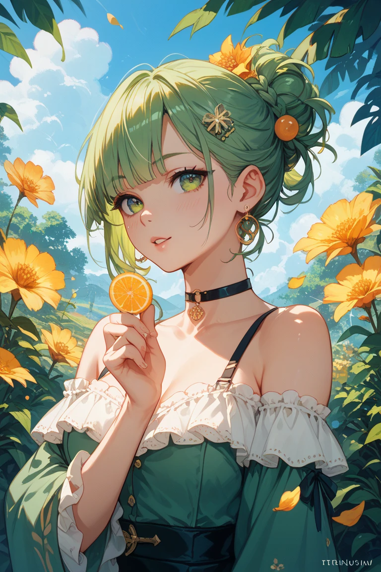 Uwasatchi has cream skin, orange cheek spots, and freckles. She wears an orange dress, green stockings, and a large green hat with yellow flowers on it. Each of her eyes have two eyelashes, and in the anime her irises are depicted as purple. SPARKLE; GLITTER