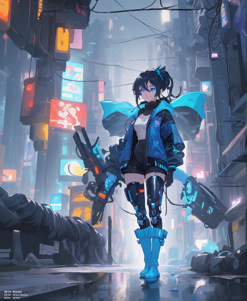 (masterpiece), (highest quality), Ultra-high resolution, Sharp focus, ((1 female, alone)), whole body, Cyberpunk Theme, Beautiful detailed hair, Light blue hair, long hair hangs down, Beautifully detailed face, ((Beautifully shaped eyes, Blue Eyes)), Perfect feminine face, View your viewers, Feminine navy blue enamel cyberpunk outfit,refined armor,Backpack,gloves,Armored Long Boots、,Neon lights in the city of bright colors, (At night:1.2)