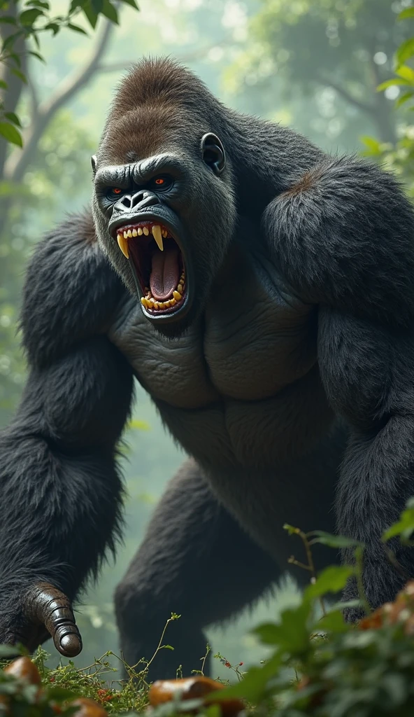 Big Silverback Gorilla In the Woods, Aggressive, Big Teeth, Menacing. Open Mouth.