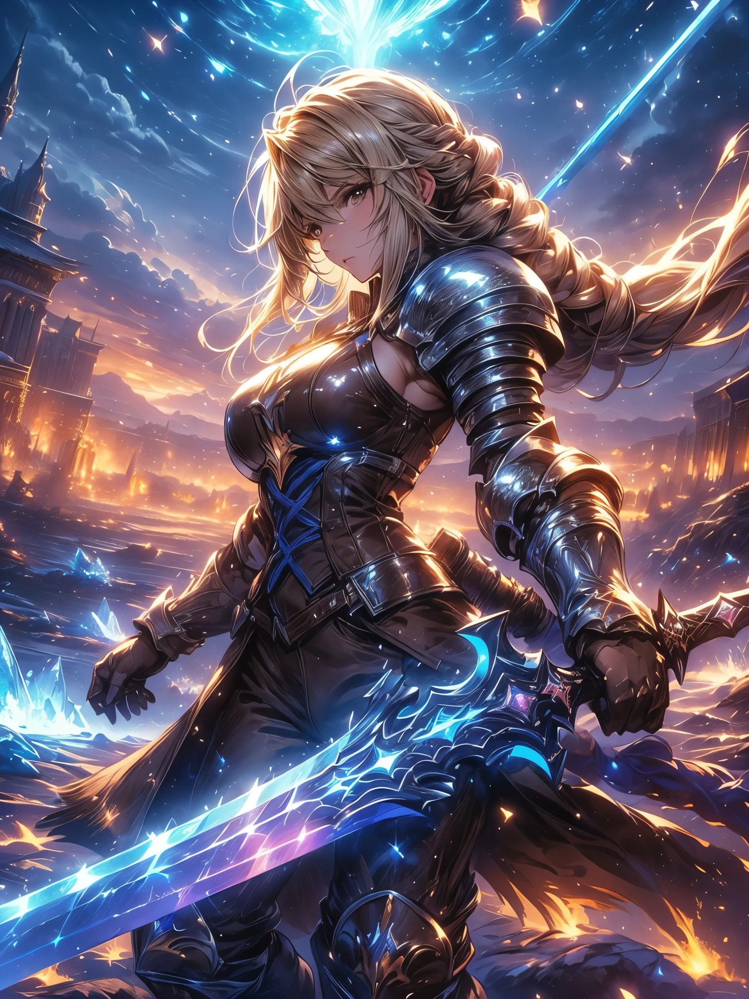 (Agrias Oaks\(Final Fantasy Tactics\),score_9, score_8_Excellent, score_7_Excellent, 32K ,detailed depiction 、 Girl Destroys with a Sword in Her Hand, Luxurious Sword, blond hair, Braided Ponytail ,brown eyes,shoulder armor, armor, corsets ,(brown pants:1.3), Knee pads, blue dress , brown gloves, pants, Cross Race Boots ,Big Breasts,Dynamic Poses Seen from Below Her Back, combat posture,dynamic angle,(\(Become, European Sword , , glows blue\):1.4)\), (and a shining blue aura erupts from her whole body), Female Paladin Picture , Animated Fantasy Art Destruction ,background\ long hit ,dynamic angle,A huge crystal is on the ground, 青い月と星のbackground,night sky , (alone:1.6 )(top quality)),(super high resolution),(Super Detail)