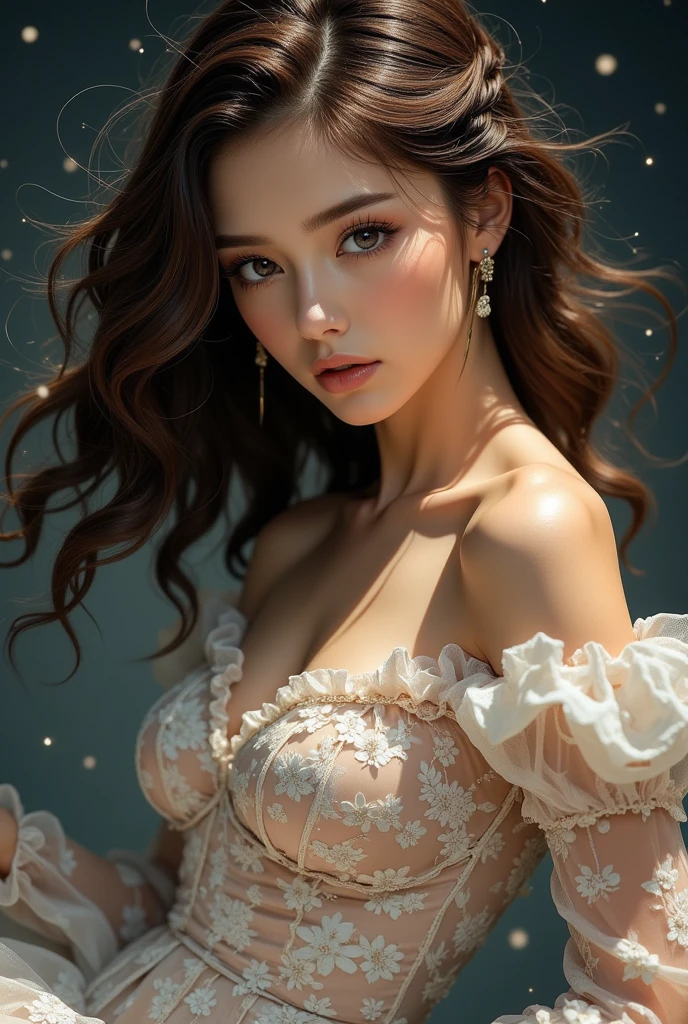 Best quality, masterpiece, high resolution, 1girl, clear silk porcelain dress, beautiful face, hair accessories, looking at the audience, smiling, close your mouth, lips, dress, hair accessories, necklaces, jewelry, long hair, earrings, beautiful face, on the body, Tindal effect, realism, dark studio, edge lighting, two-tone lighting, (high detail skin: 1.2), 8k UHD, DSLR, soft light, high quality, volumetric lighting, photo, high resolution 4K, 8k, blurred background --auto --s2