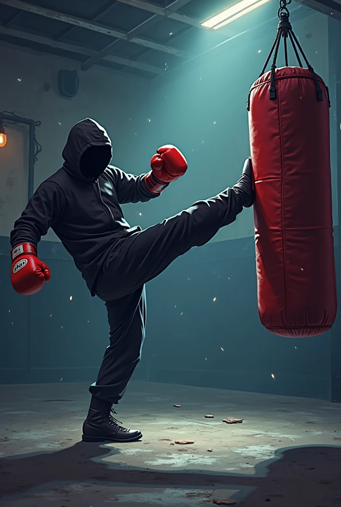 (photorealism)Man kicking high side with red shirt and black sport pants, with gloves on his hands, patera on his feet and helmet on his head. 