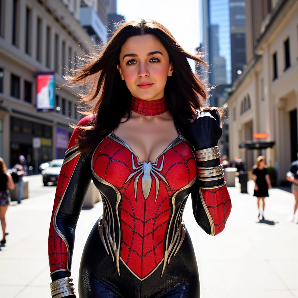 8k, masterpiece, highest quality, Raw foto, professional lighting, beautiful woman ,detailed the outlined body with tight Spider-Man cosplay, golden hour light