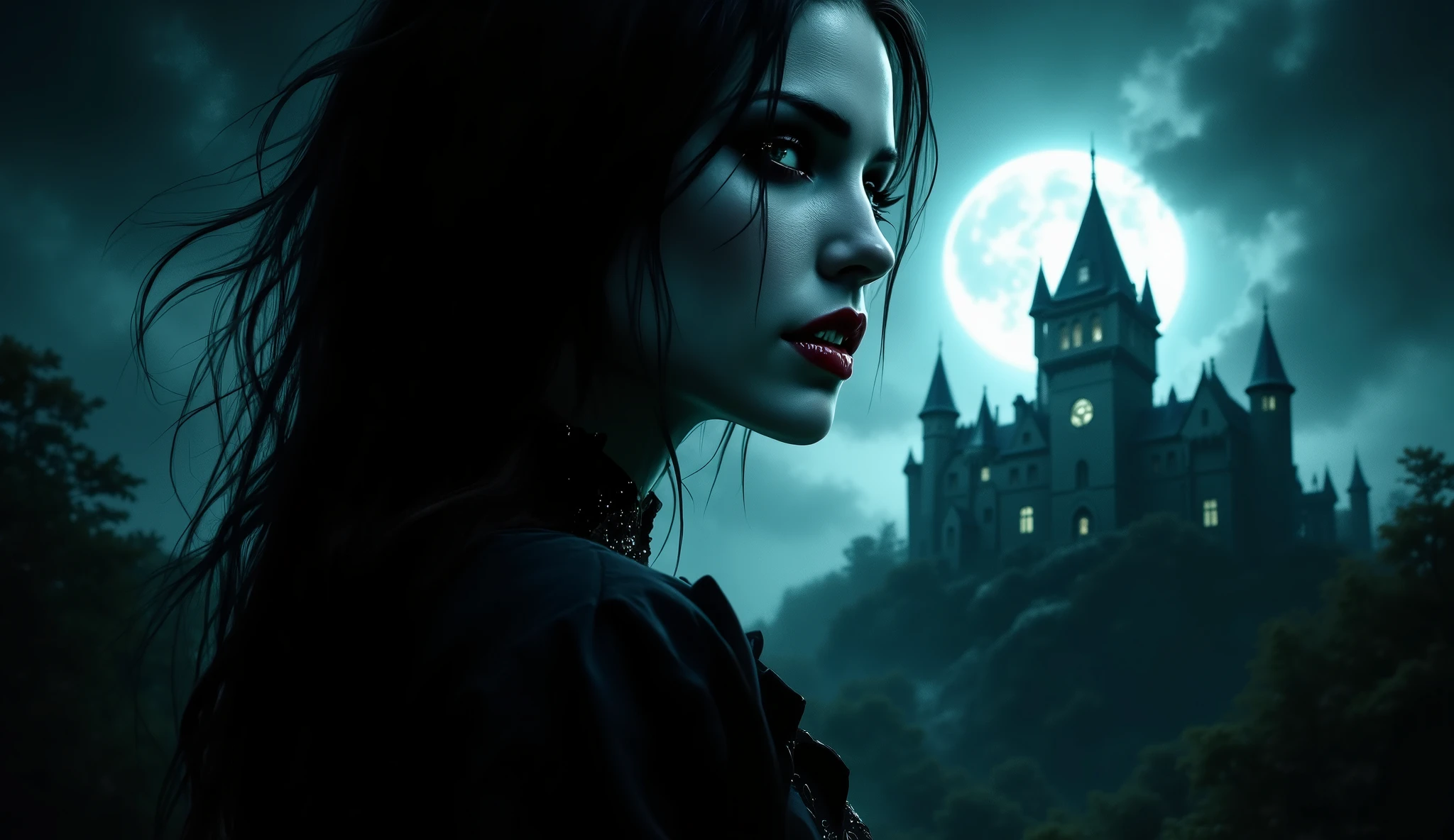 (((3/4 profile view))) (((half body))) Caucasian vampire woman with chrome fangs and sewn eyes, cinematic lighting, hyper detail, photorealistic, ghostly castle in the background, full moon night, cinematic lighting, hyper detail, photorealistic