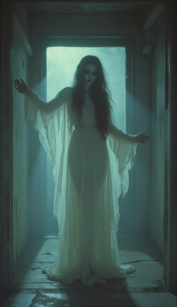 ,best quality, ultra-detailed, realistic, portraits, dark and eerie atmosphere, glowing , ethereal presence, hauntingly beautiful, ghostly women figures, swirling mists, supernatural entities, demonic essence, shadowy forms, eerie whispers, sinister aura, hauntingly pale skin, dark and twisted branches, macabre elements, mysterious and enigmatic, spectral apparitions, gothic art style, hauntingly captivating, spectral realm, hauntingly melancholic, otherworldly beauty, ethereal glow, hauntingly haunting, chilling and atmospheric, eerie and ominous lighting, Women wearing black robe , standing in room, horror scene , creepy look , dark atmosphere , Mysterious atmosphere , messy room, dappled light , blood stains , white dress , broken dirty dress , dark background , old , renesanses ,