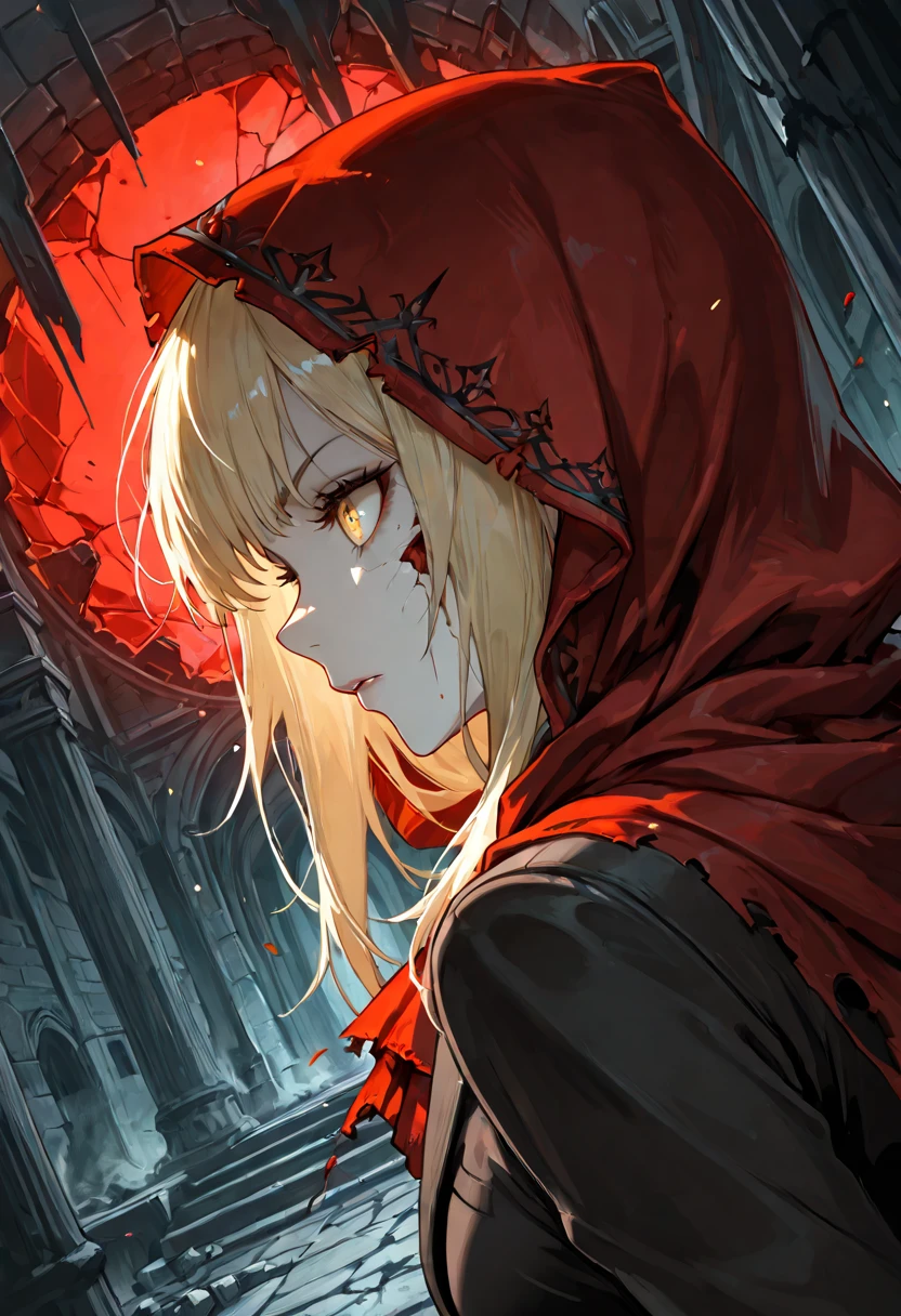 赤いフードとRed eyesをしたアニメの女の子が食べ物を食べている, from East, Bloody Eyes, Pixiv, thief Little Red Riding Hood, red blood tears, 血のようにRed eyes, Red tears, Little Red Riding Hood, My eyes are completely red, East project, East, Red eyes, Pixiv style, Bright red eyes, at Pixiv, change