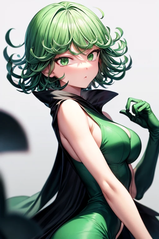 (beste-Qualit, 8K, 12), 1 girl, tatsumaki, Short Hair Hair, green hair, Huge-breasts, child, the perfect body, ultra detail face, detailed lips, Slender Eyes, gown, stands, enticing, Excited, convex areolas, steam, From Bottom