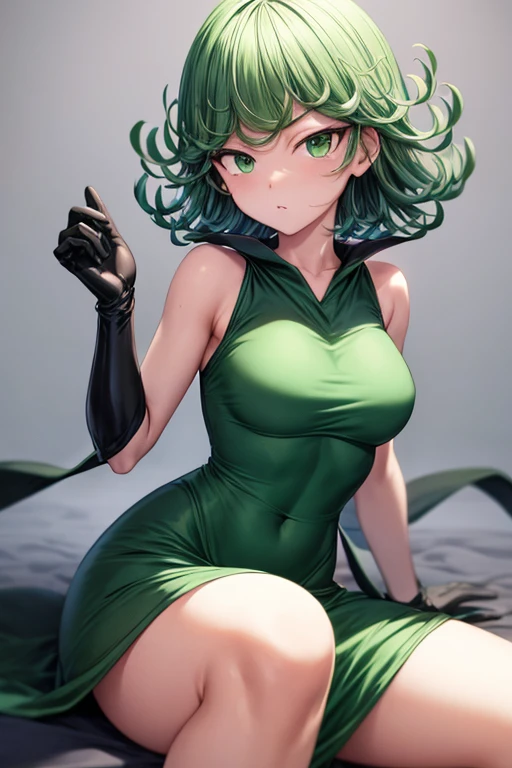 masterpiece, best quality, anime girl with green short curly hair wearing a black outfit, tatsumaki from one punch man, tatsumaki, bleach art style, bleach anime, bleach style art