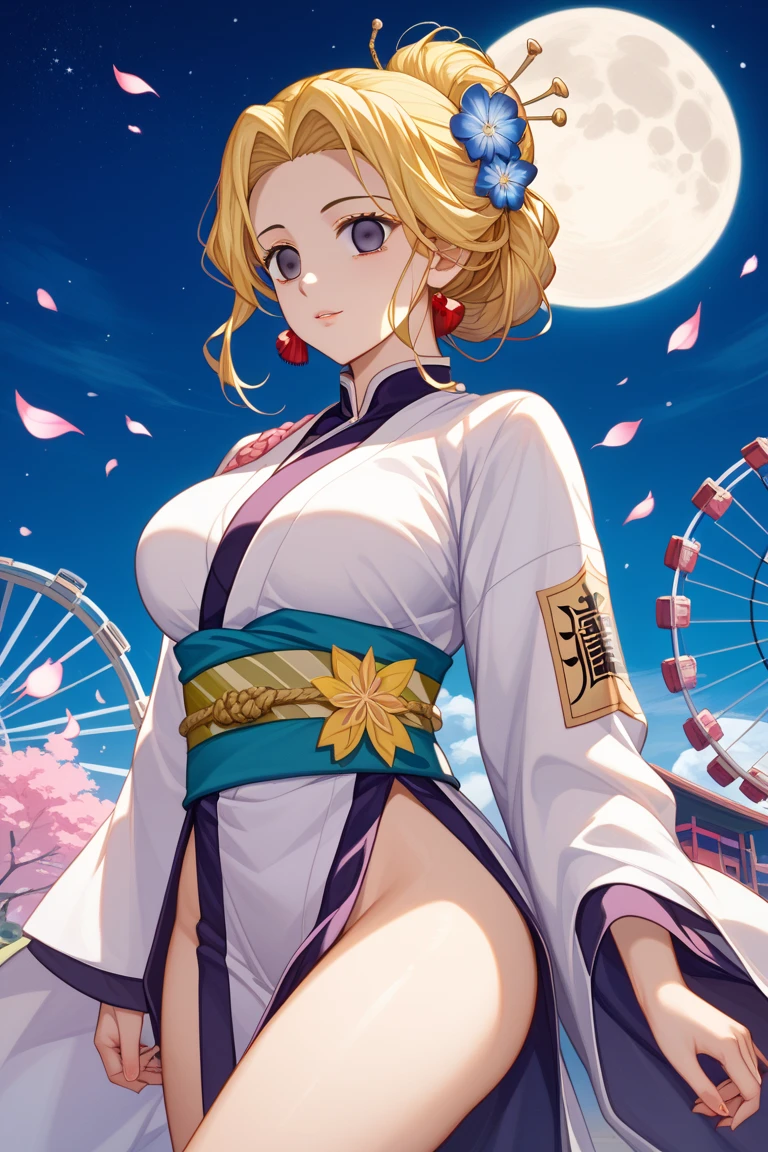 Anime style, super fine illustration, highly detailed, beautiful detailed, pale tone image, static representation, gentle expression, 8k, pretty 1girl with blonde straight short hair & blue eyes & a bright smile & huge breasts & nipples & soft fair skin is wearing the yukata, night fairs of Japanese festival is background, neon, brilliant particles of lights, romantic stories, solo, perfect fingers, perfect arms, perfect legs, masterpiece.