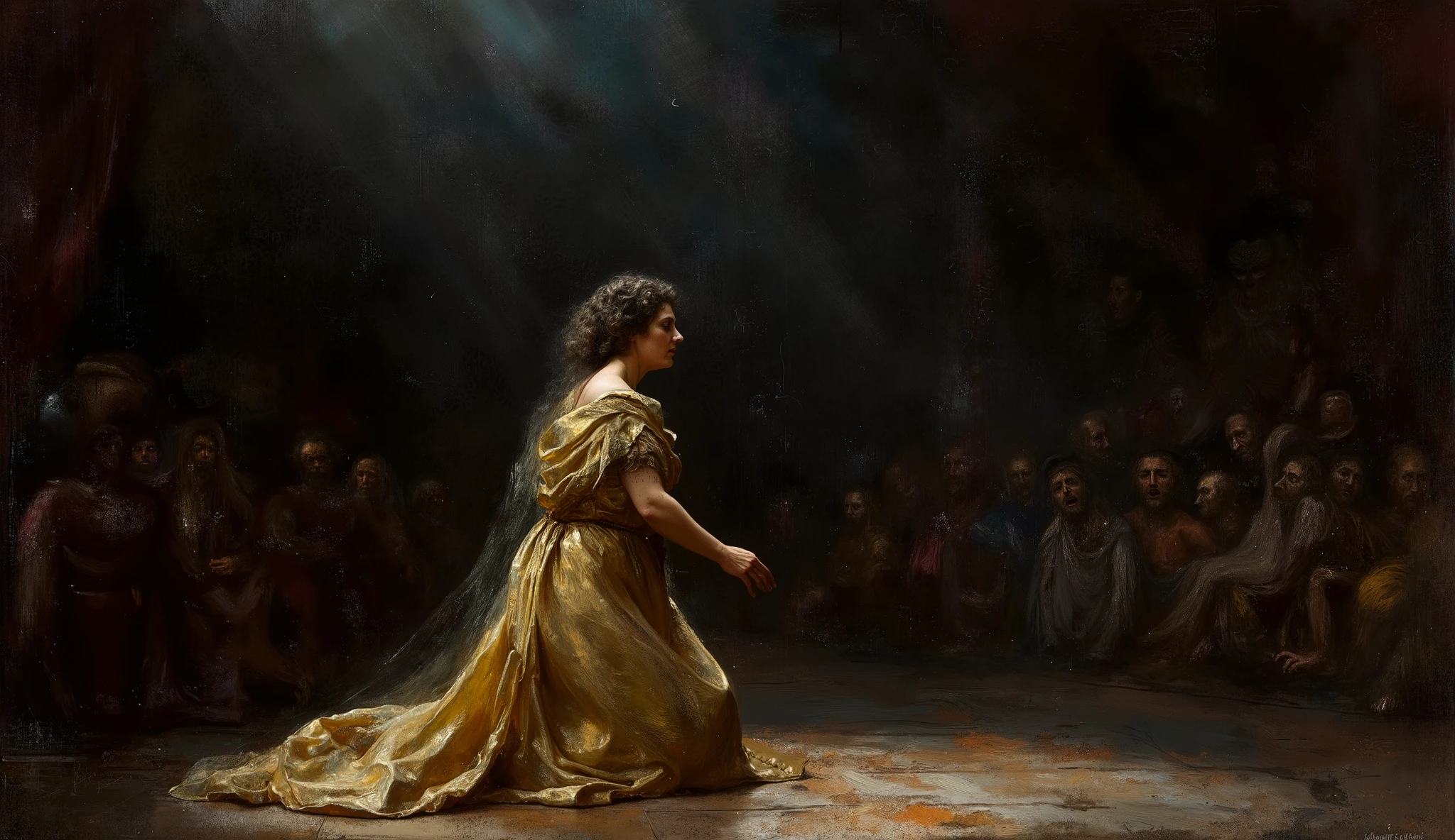 *Oil on canvas, hyperrealism, in the style of the old masters, with rich textures, fine brushwork, and aged details like cracked paint and peeling layers. Strong golden ratio composition, dramatic chiaroscuro lighting, and heightened contrast between light and shadow.
*On a grand opera stage, a divine opera singer is in full focus, her posture radiating raw emotion and tragedy. She kneels, enveloped in a dramatic spotlight that accentuates the rich hues of her elaborate costume and the expressive movement of her performance. The deep shadows around her intensify the theatrical contrast, with the audience and background figures fading into near darkness, their presence barely discernible, ensuring that all attention remains on her luminous form.