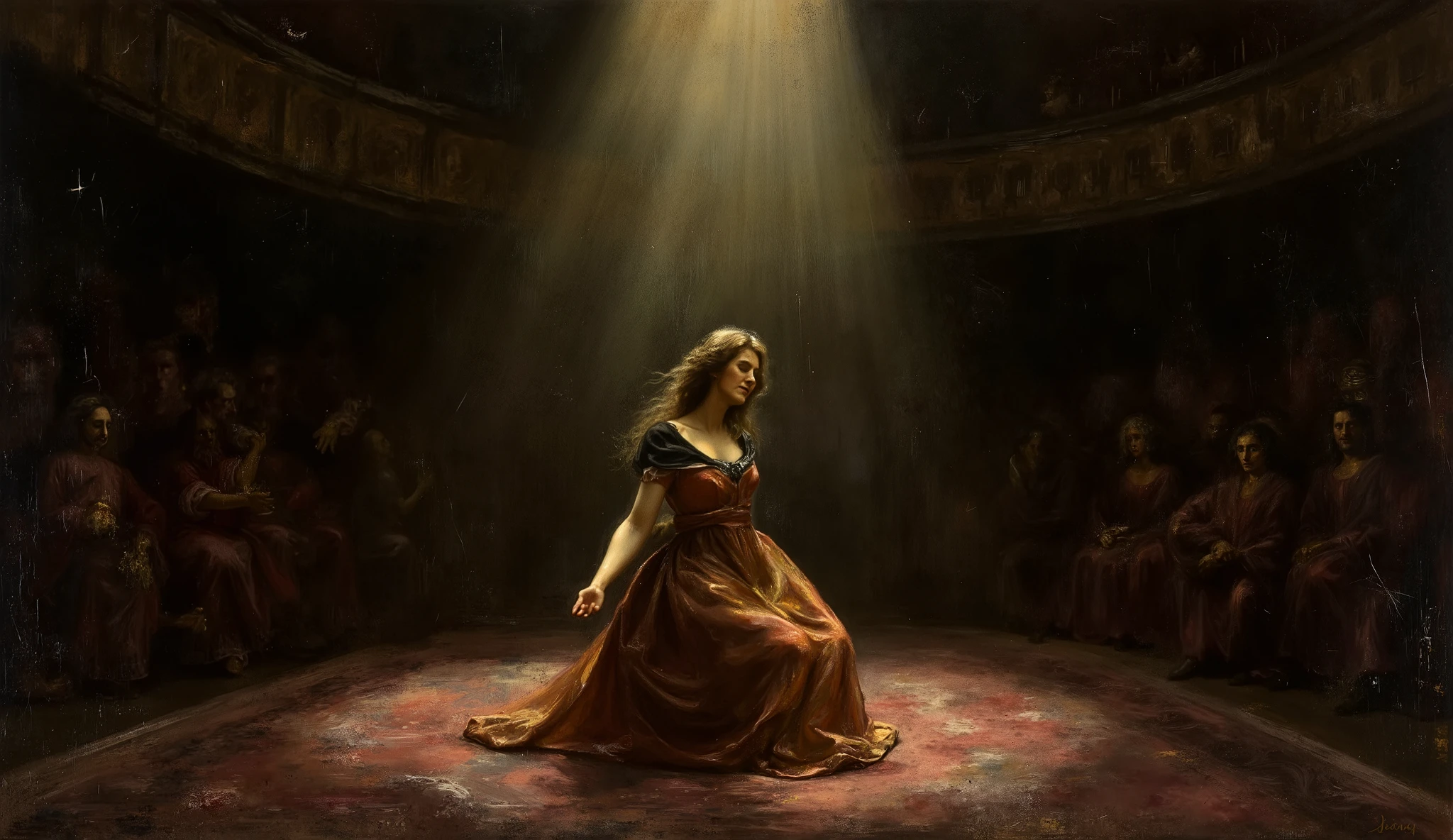 *Oil on canvas, hyperrealism, in the style of the old masters, with rich textures, fine brushwork, and aged details like cracked paint and peeling layers. Strong golden ratio composition, dramatic chiaroscuro lighting, and heightened contrast between light and shadow.
*On a grand opera stage, a divine opera singer is in full focus, her posture radiating raw emotion and tragedy. She kneels, enveloped in a dramatic spotlight that accentuates the rich hues of her elaborate costume and the expressive movement of her performance. The deep shadows around her intensify the theatrical contrast, with the audience and background figures fading into near darkness, their presence barely discernible, ensuring that all attention remains on her luminous form.