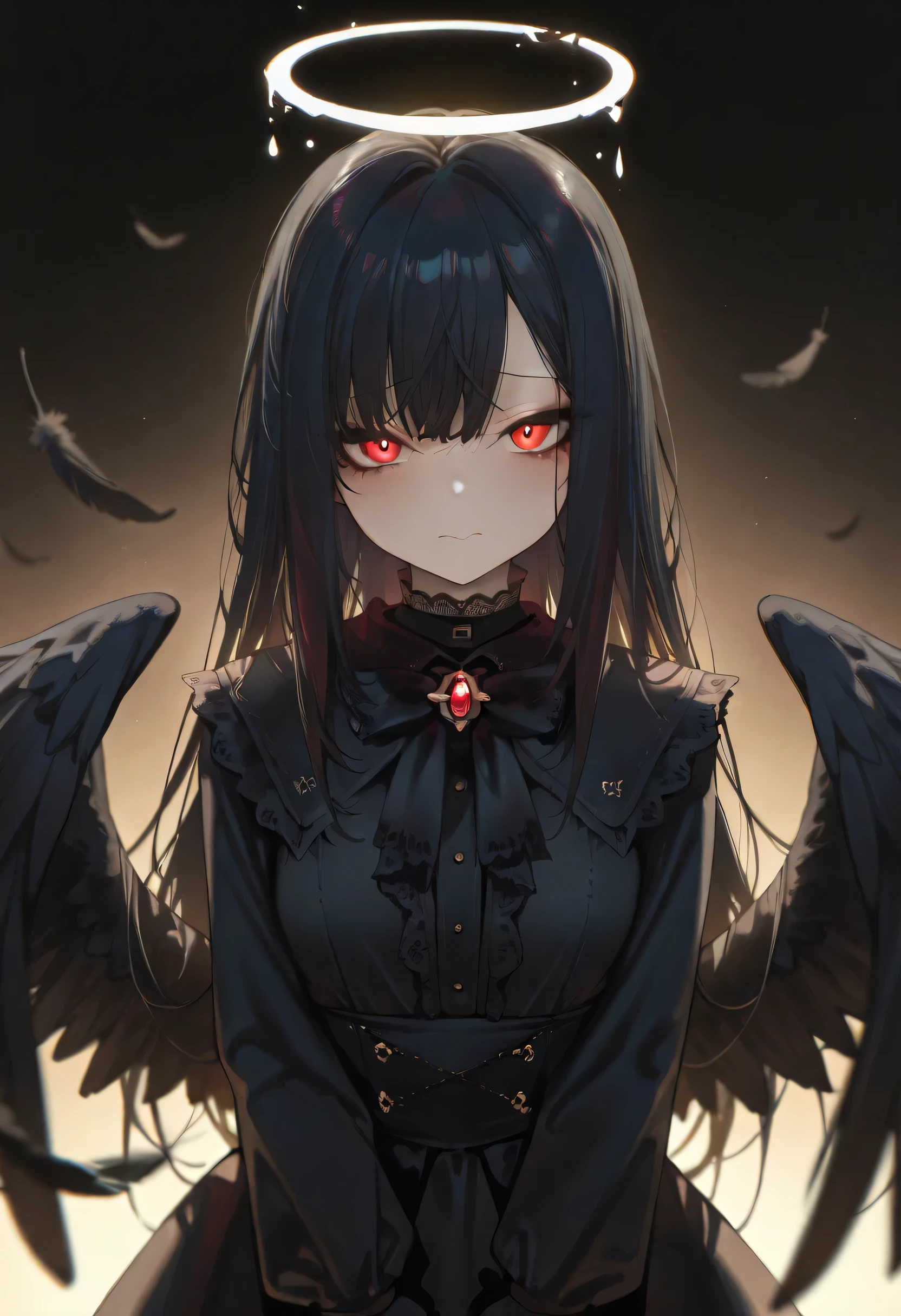 masterpiece,best quality, halo, black wings, black hair, cute face, tattered clothing, fallen angel, soft expression, looking at viewer, floating feathers, dramatic lighting, gothic atmosphere, soft lighting, warm glow, depth of field, highly detailed, intricate details, masterpiece, best quality, ultra-detailed