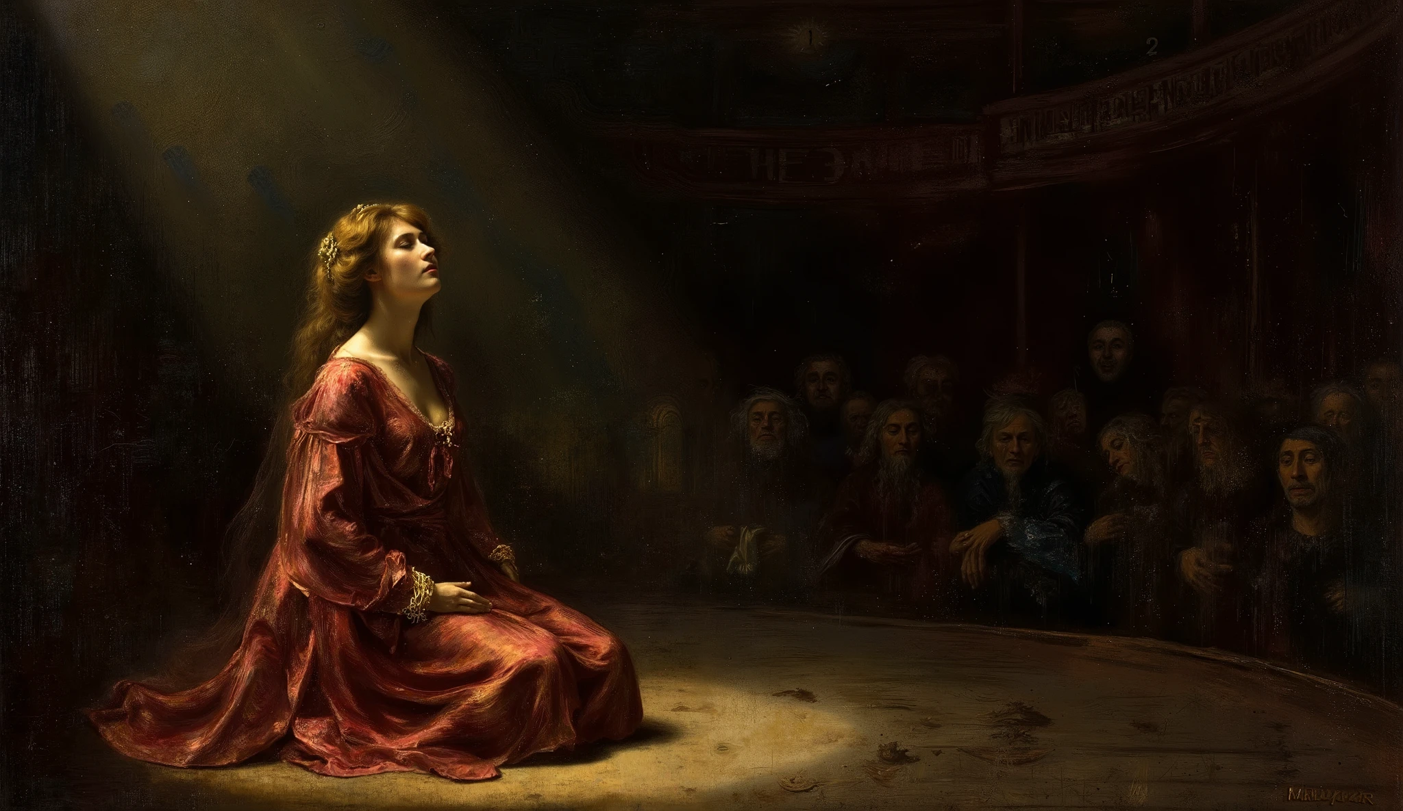 *Oil on canvas, hyperrealism, in the style of the old masters, with rich textures, fine brushwork, and aged details like cracked paint and peeling layers. Strong golden ratio composition, dramatic chiaroscuro lighting, and heightened contrast between light and shadow.
*On a grand opera stage, a divine opera singer is in full focus, her posture radiating raw emotion and tragedy. She kneels, enveloped in a dramatic spotlight that accentuates the rich hues of her elaborate costume and the expressive movement of her performance. The deep shadows around her intensify the theatrical contrast, with the audience and background figures fading into near darkness, their presence barely discernible, ensuring that all attention remains on her luminous form.