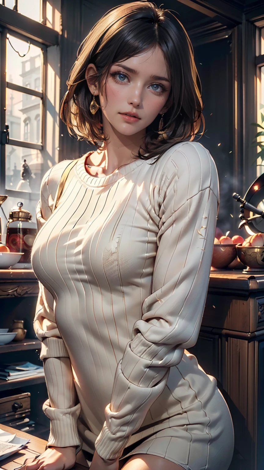 
woman with shaggy beard, attractive, disheveled blond hair, amber eyes, half-open dressing gown, hair on shaggy breasts, drinks her coffee when she wakes up