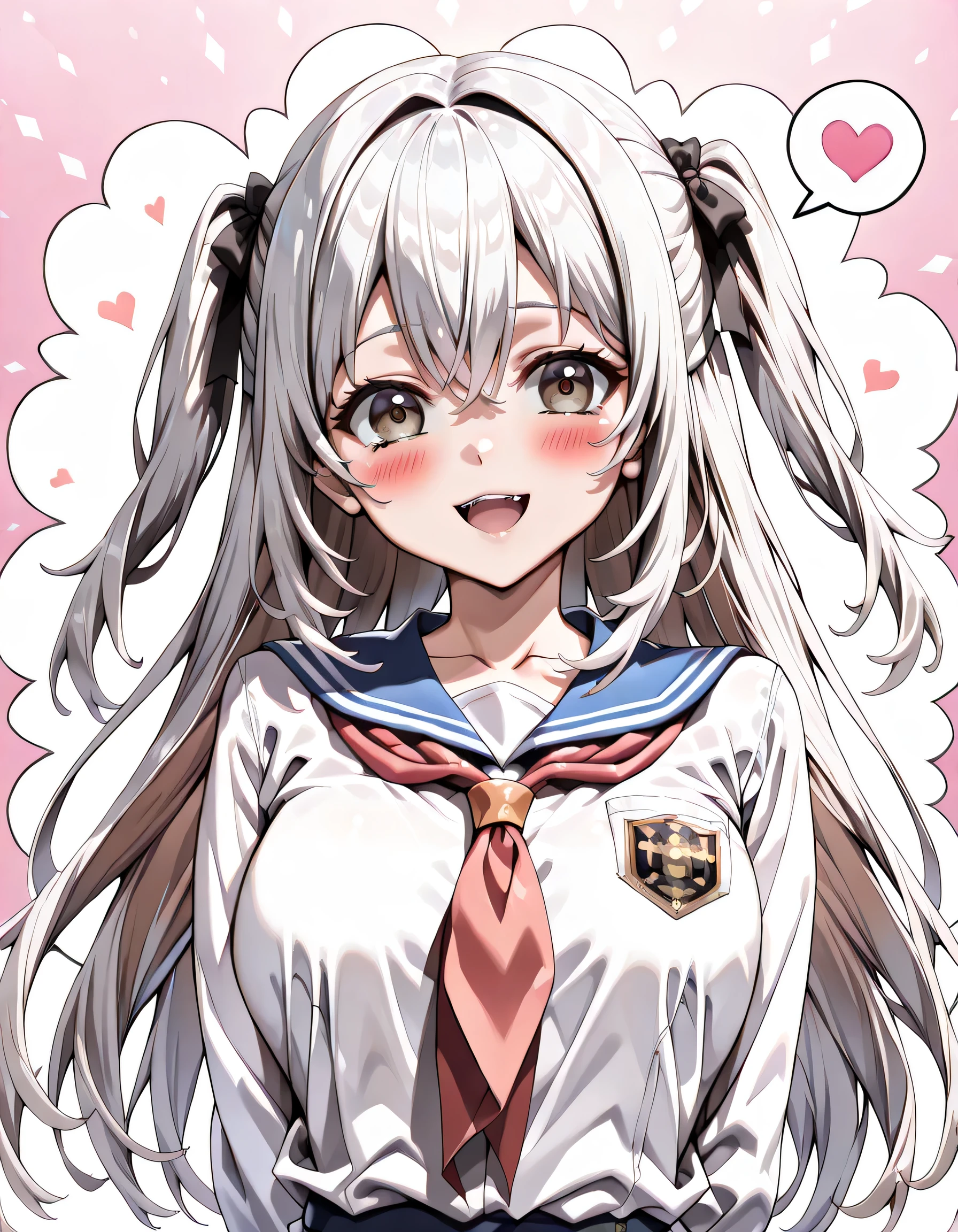 ((ultra-detailed)), (highly detailed CG illustration), (best quality:1.2), ultra-highly detailed, colorful composition, artistic photoshoot, 1girl, solo focus, ((upper body:1.4)), moe anime character, 20 years old girl, dainty facial structure, (), (round face), ((rounded chin:1.2)), celia-default, celia claire, (blue eyes), ((silver hair color)), ((two side up hair)), ample breasts, school uniform, sailor suit, traditional Japanese style with navy blue and white colors, :q, licking lips, one eye closed, ((smile:1.2)), ((happy:1.2)), ((joyful:1.4)), ((full face blush:1.4)), ((looking viewer)), ((spoken Heart:1.4)), ((pink heart background)), from front, best quality, masterpiece, expecting, pink cheek, blush, light pink gloss slip, portrait, depth of field, soft lighting, sidelighting, (shine), lighting, caustics, ray tracing, smile, perfect face, lustrous skin, highly detailed face, highly detailed eyes, perfect face, perfect nose, perfect hair, perfect eyes, perfect anatomy, beautiful hair, beautiful small face, extremely detailed face, beautiful detailed eyes, beautiful clavicle, beautiful body, beautiful ample breasts, leavage, breasts squeezed together, equalize the size of the left and right breasts, beautiful thin thighs, beautiful legs, beautiful fingers, 4 fingers, 1 thumb, lovely, (very detailed background:1.0), (highly detailed background:1.0), spring aesthetic, intricate details, joyful atmosphere, spring colors palette, chromatic aberration
