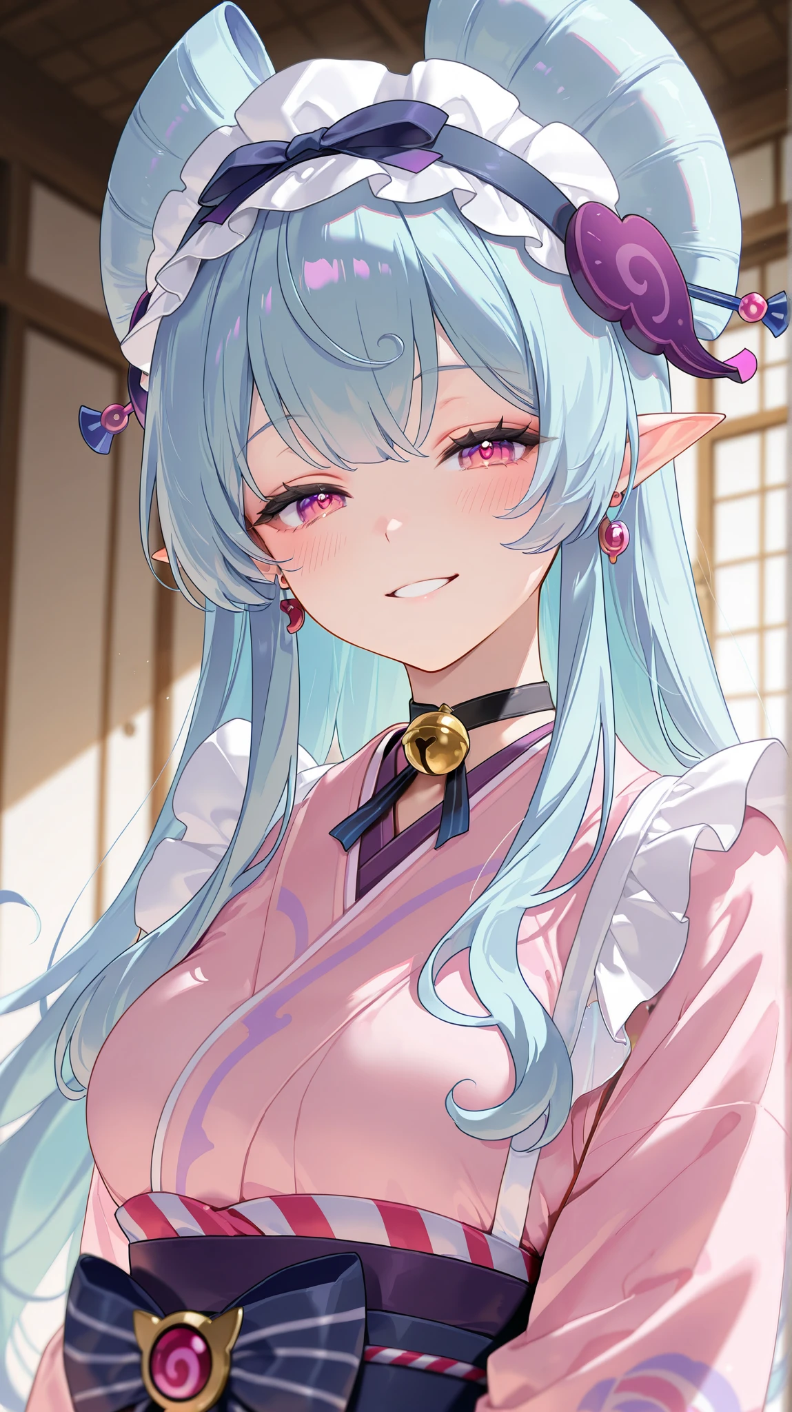masterpiece, top quality, best quality, official art, beautiful and aesthetic:1.2),(8k, best quality, masterpiece:1.2), (((masterpiece))),(((best quality))),(((extremely detailed))), illustration, who, (masterpiece, top quality, best quality, official art, beautiful and aesthetic:1.2),(8k, best quality, masterpiece:1.2), 1girl, yumemizuki mizuki, purple eyes, blue hair, hairband,pointy ears, frilled hairband, 1girl, pointy ears, solo, long hair, jewelry, bell, open mouth, smile, looking at viewer, purple eyes, earrings, virtual youtuber, japanese clothes, blush, kimono, neck bell, blurry foreground, jingle bell, hair ornament, blurry, upper body