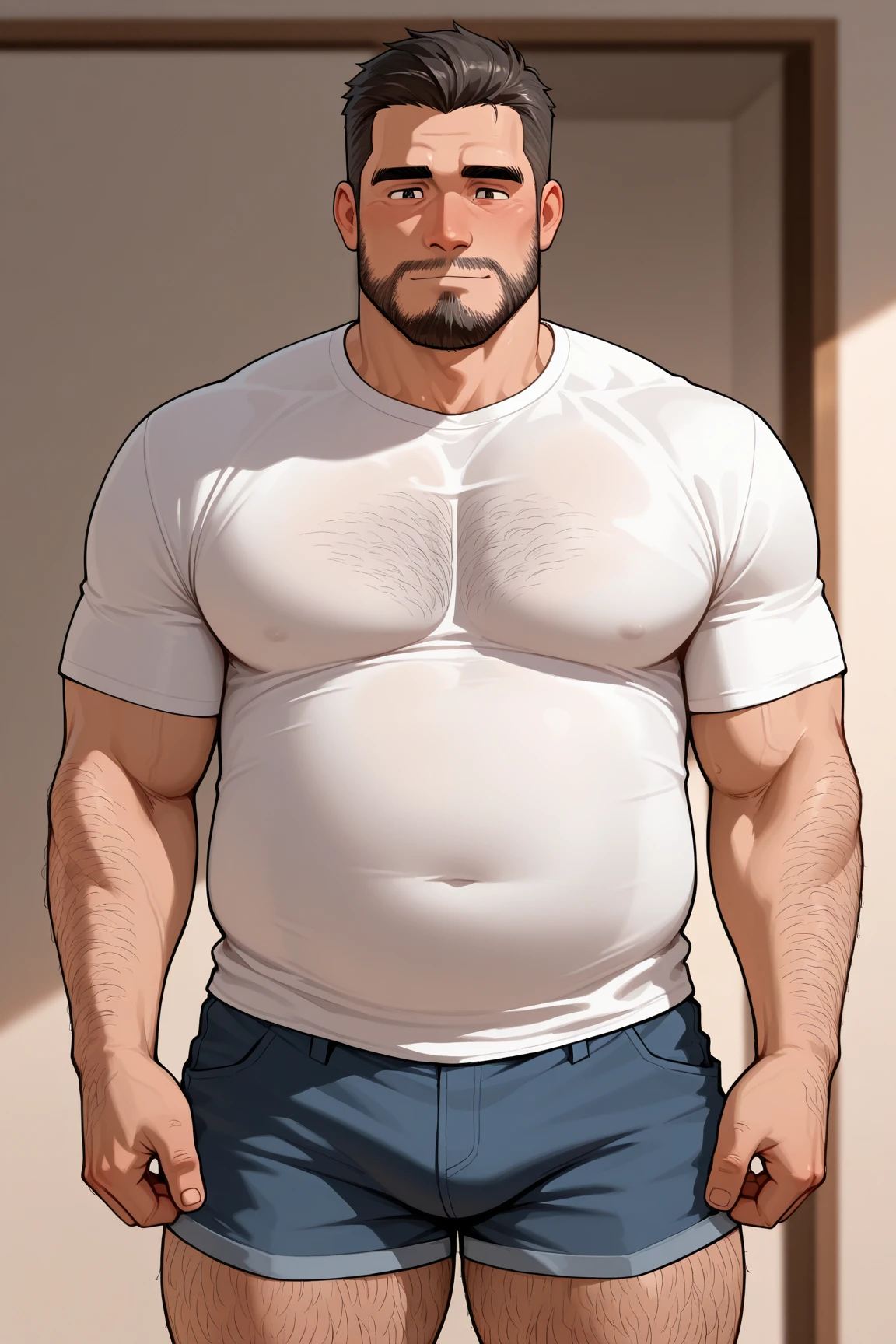 masterpiece, best quality, sketch, solo, facial hair, muscular, bara, mature male, taut shirt, short hair, large pectorals, white tight tank top, looking at viewer, white boxer, thick eyebrows