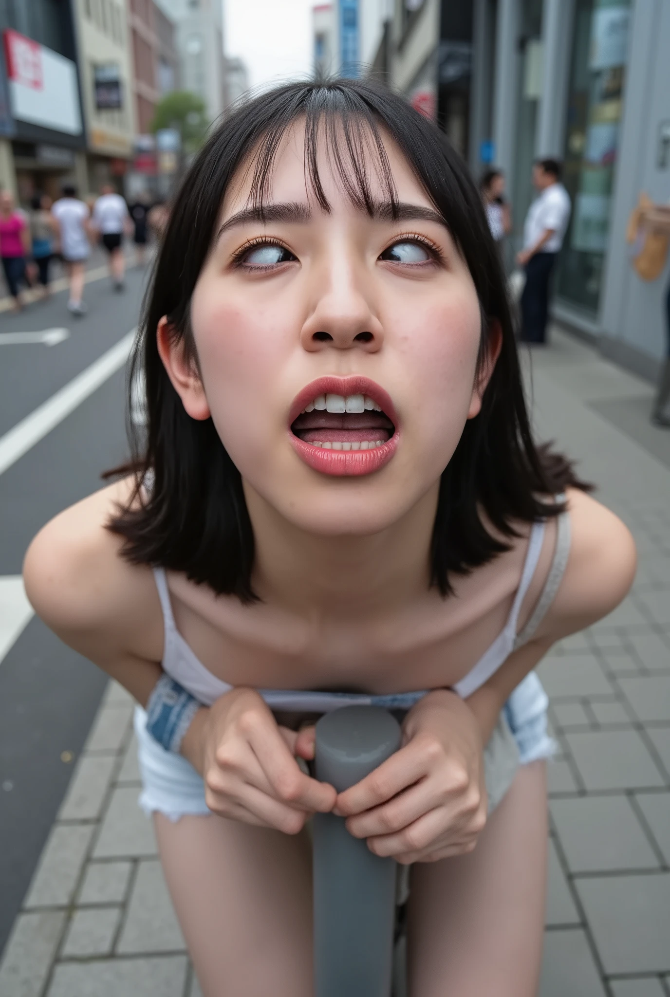 full shot, (grab and lean against a pole:1.5), ( top quality, masterpiece:1.2), highly detailed , high res, 8k Wallpaper, POV, top view, perfect dynamic composition, Real textured skin,white skin, Eyes with Attention to Details , look up at the sky, Knees on the ground, open mouth, licking, gape mouth, She squints her eyes, (rolling eyes back:2.9), ecstatic eyes, orgasm face, Ecstatic Face, Climax expression, (Woman with open mouth and narrowed eyes, deep acme: 1.1), she drools profusely, Surrounded by people, 20 years old, cute Japanese woman, sexy style ,downtown, outside, rush hour, in a busy city at noon, Many people surround her, She is getting a lot of attention, Tokyo , camera sexy shot,