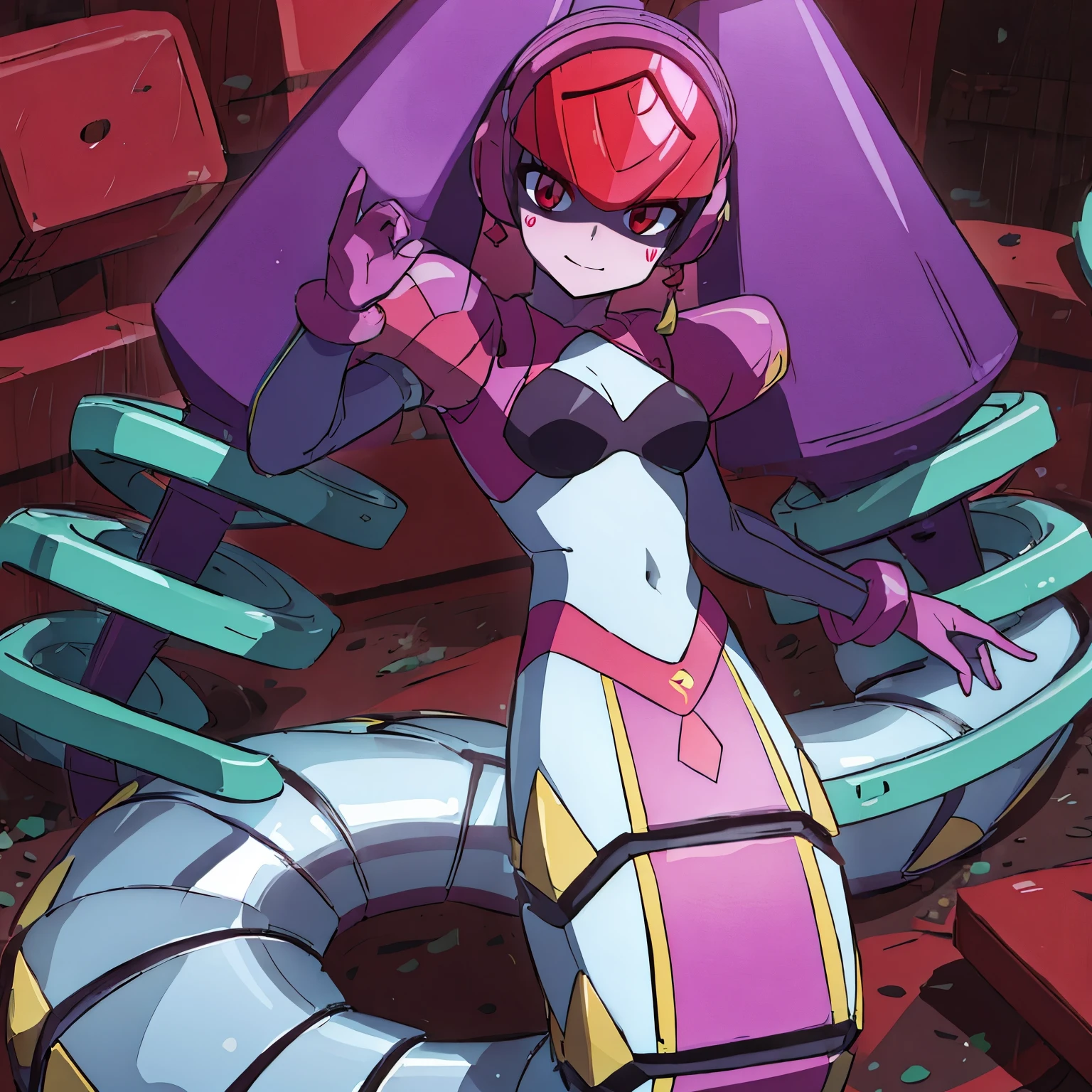 twintails,twin drills,Rubber Suit, helmet,Lamia,earrings,red eyes