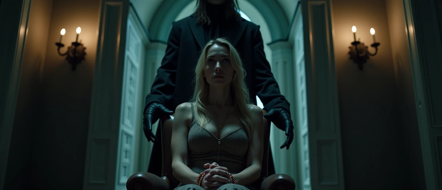 A girl with beautiful long blond hair was captured by a guy with black hair. There is fear and sadness on her face.. A guy tries to put a corset on her. The girl is trying to escape.
