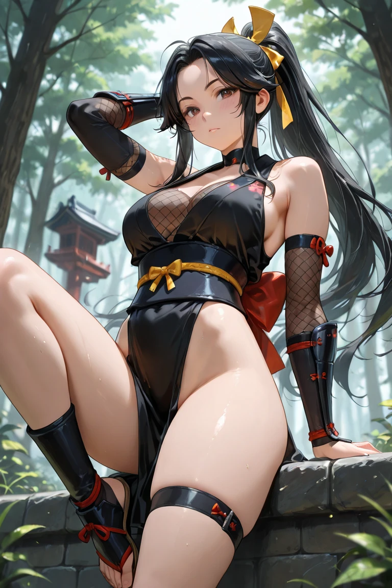 ((masterpiece,best quality anime,Highest quality:1.3)),realistic,cowboy shot,(25 year old beauty),Female ninja、1woman,solo,((very small head:1.4)),((very long body:1.3)),black hair,bangs,(long ponytail hair),gorgeous big eyes,black eyes,shy,((tan skin:1.4)),((slender body:1.3,skinny)),medium breasts,gleaming skin,shiny skin,((black loincloth:1.3,Black tube top shirt、navel、Black leather fingerless gloves,black_thighhighs)),sweat:1.3,squatting,spread legs:1.3,Outdoor、night、temple、